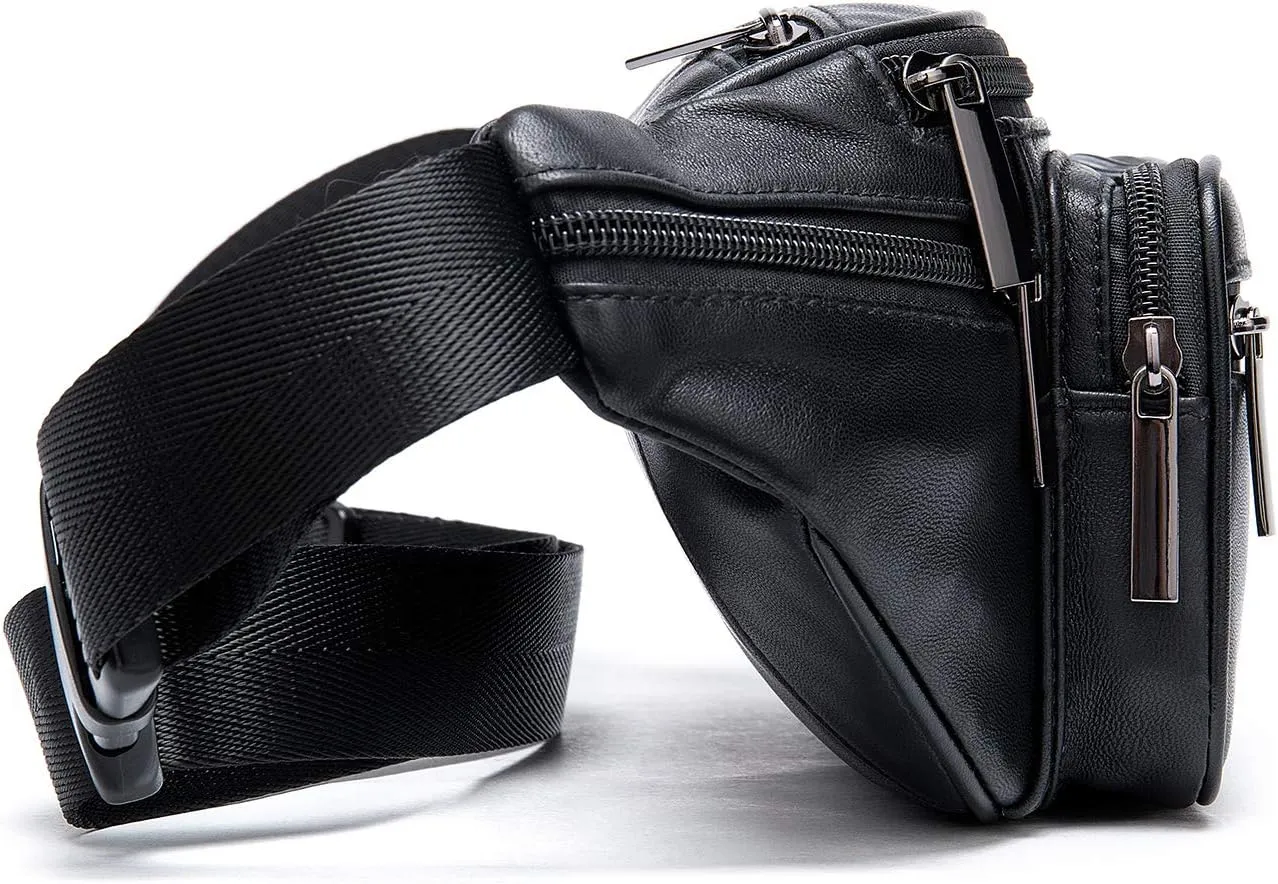 Genuine Leather Fanny Pack Men Women Multi-Pockets sling Waist Bag For Travel Sports Hiking Cycling Fishing Running Black Small