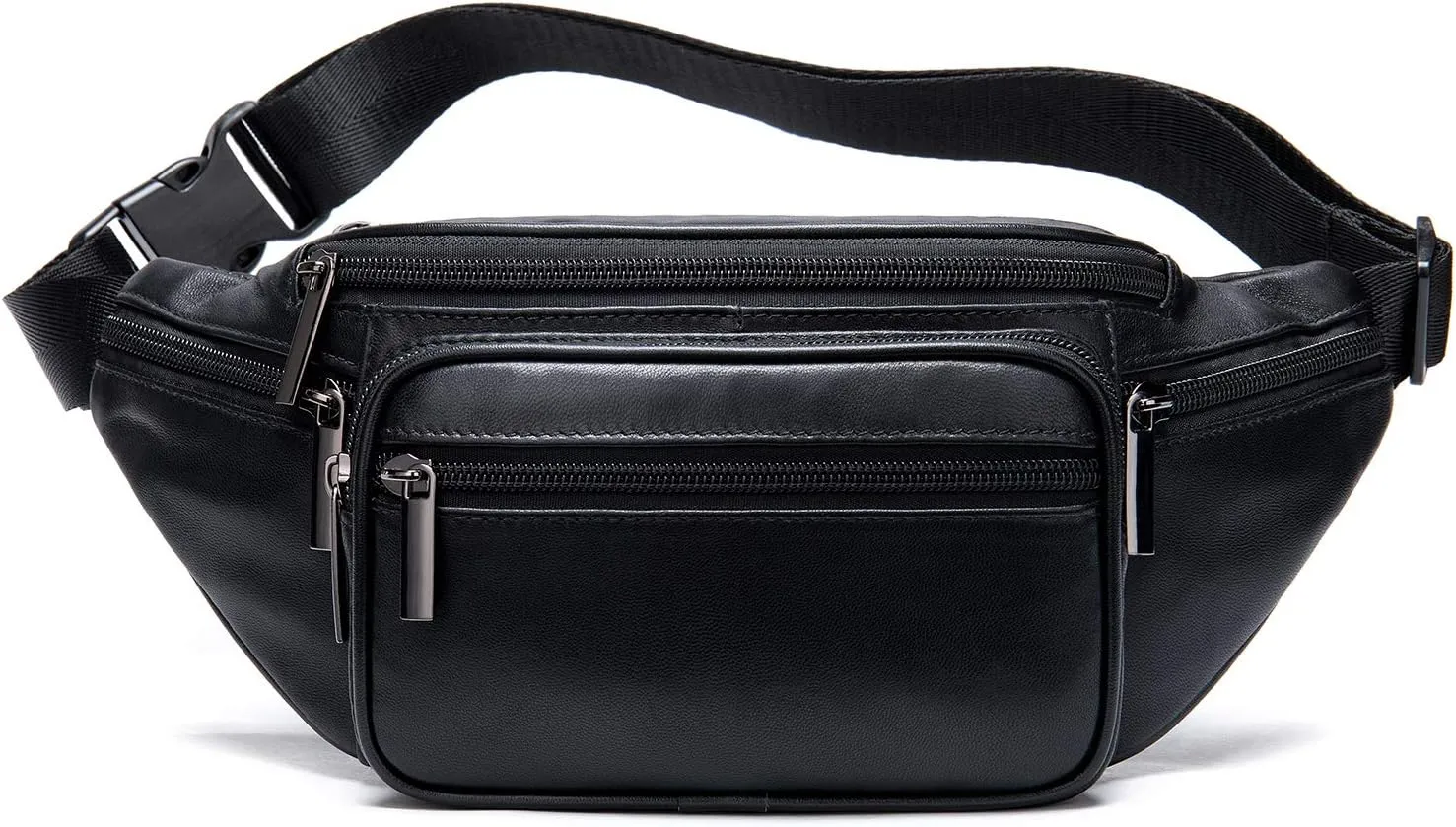 Genuine Leather Fanny Pack Men Women Multi-Pockets sling Waist Bag For Travel Sports Hiking Cycling Fishing Running Black Small