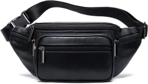 Genuine Leather Fanny Pack Men Women Multi-Pockets sling Waist Bag For Travel Sports Hiking Cycling Fishing Running Black Small