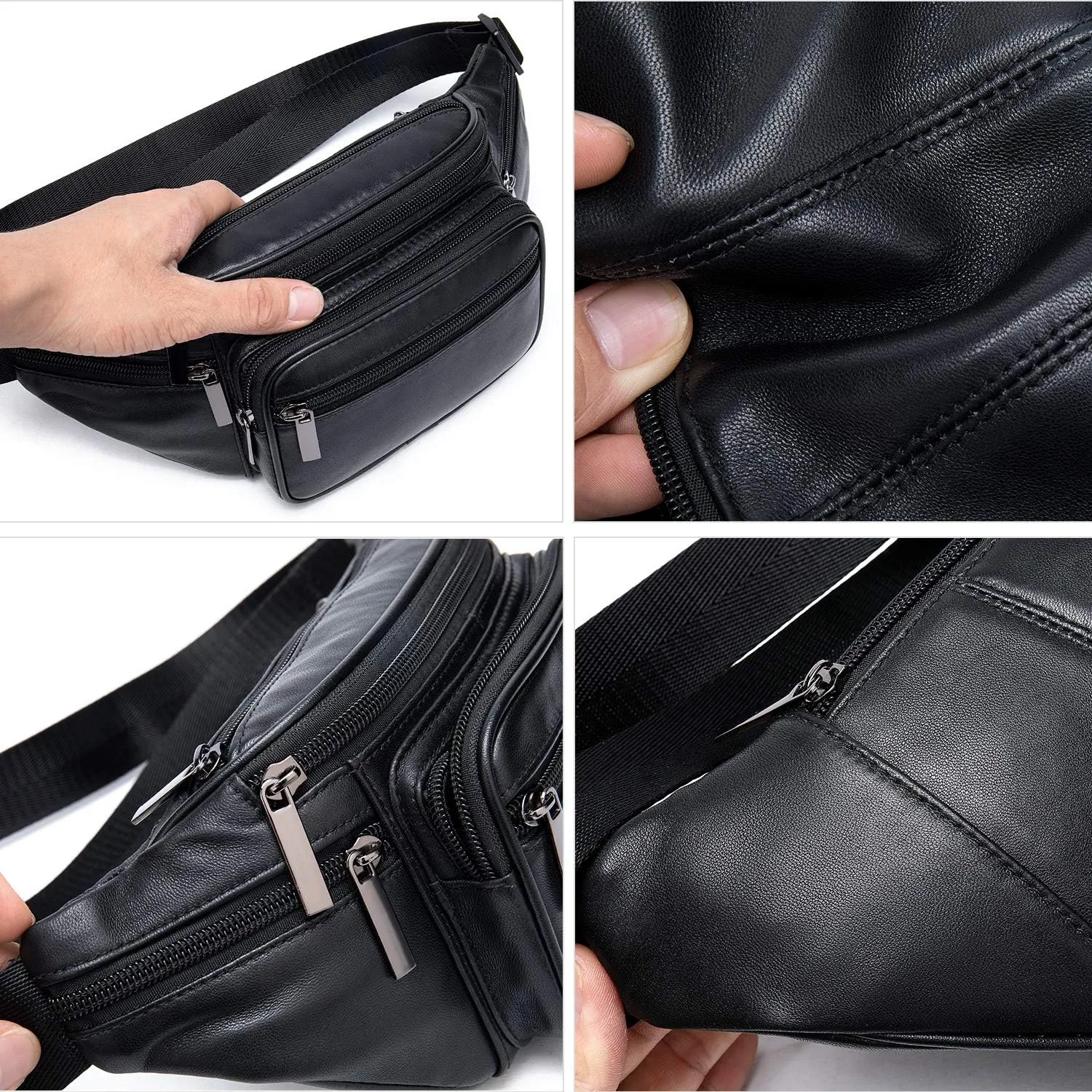 Genuine Leather Fanny Pack Men Women Multi-Pockets sling Waist Bag For Travel Sports Hiking Cycling Fishing Running Black Small