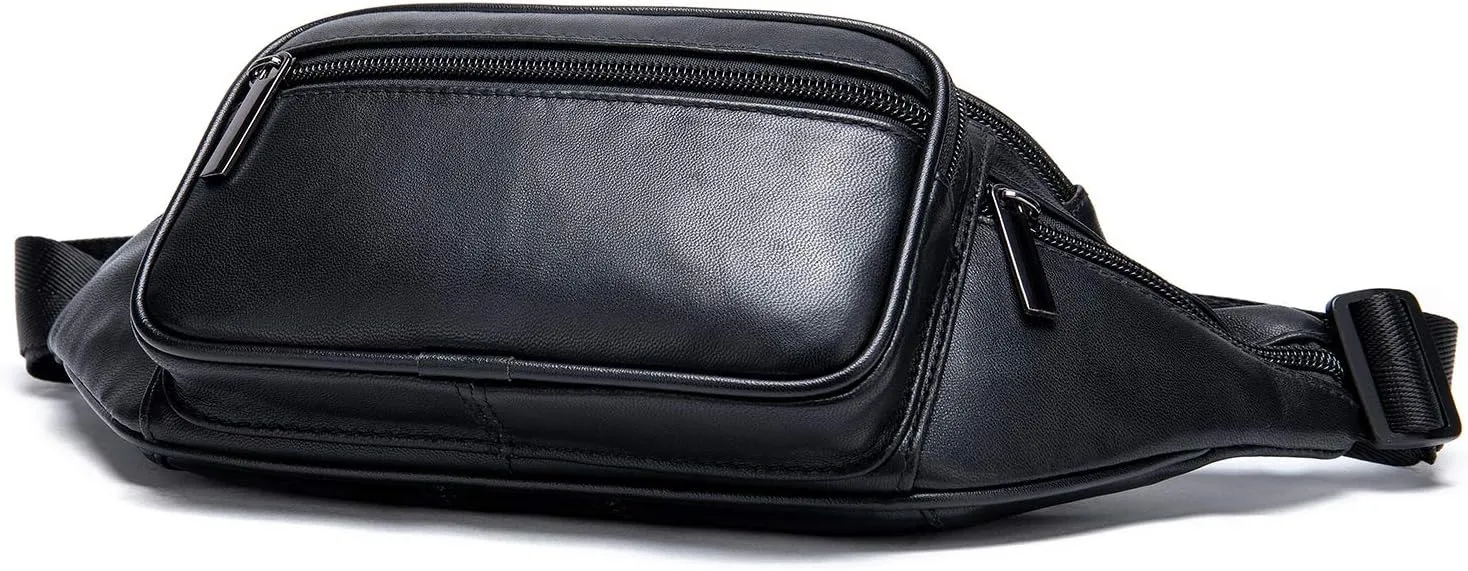 Genuine Leather Fanny Pack Men Women Multi-Pockets sling Waist Bag For Travel Sports Hiking Cycling Fishing Running Black Small