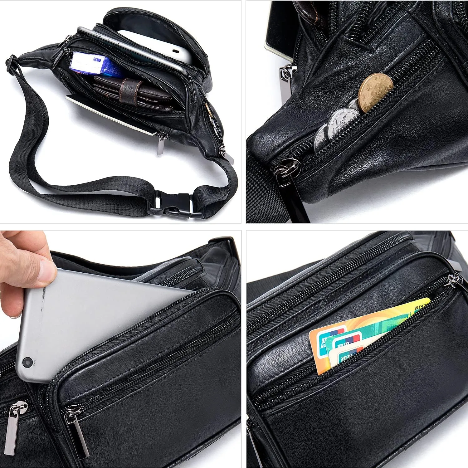 Genuine Leather Fanny Pack Men Women Multi-Pockets sling Waist Bag For Travel Sports Hiking Cycling Fishing Running Black Small