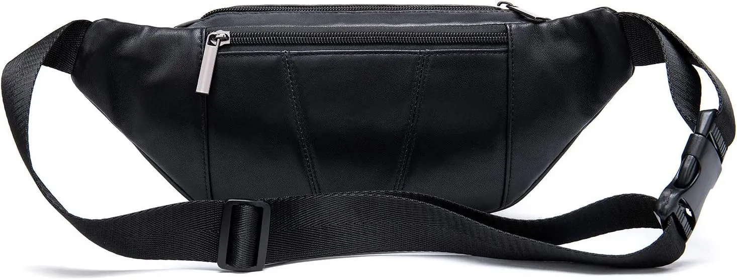 Genuine Leather Fanny Pack Men Women Multi-Pockets sling Waist Bag For Travel Sports Hiking Cycling Fishing Running Black Small