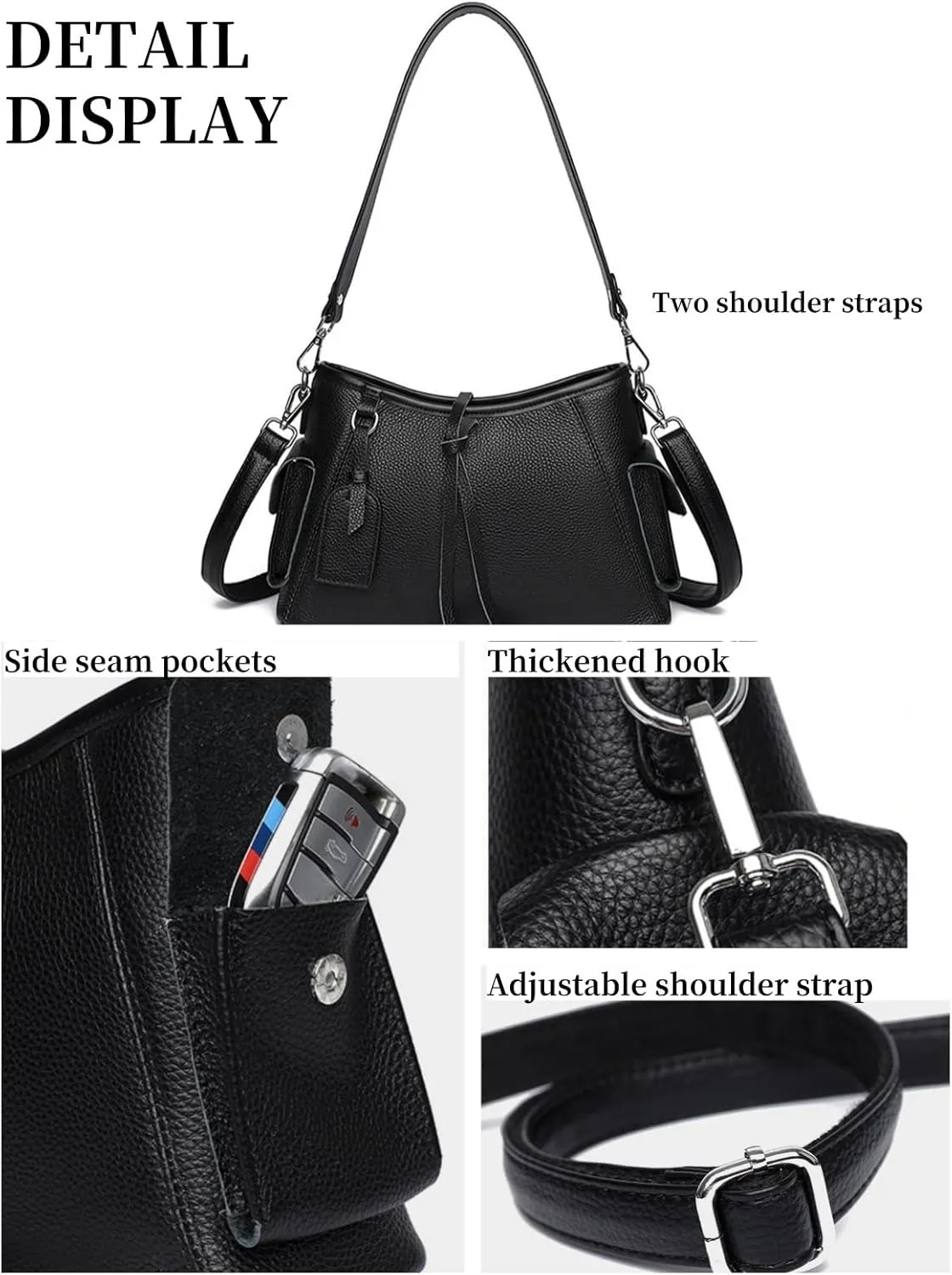 Genuine Leather Hobo Bag for Women - Lightweight Crossbody Shoulder Purse with 2 Shoulder Straps,Top Handle and Side Pockets
