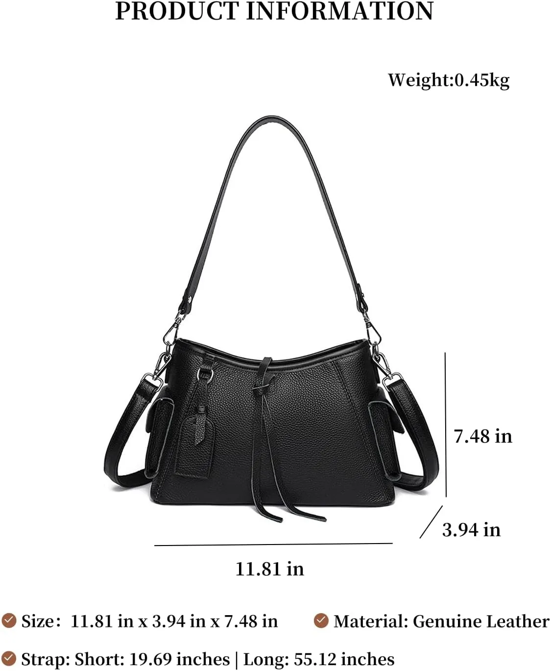 Genuine Leather Hobo Bag for Women - Lightweight Crossbody Shoulder Purse with 2 Shoulder Straps,Top Handle and Side Pockets