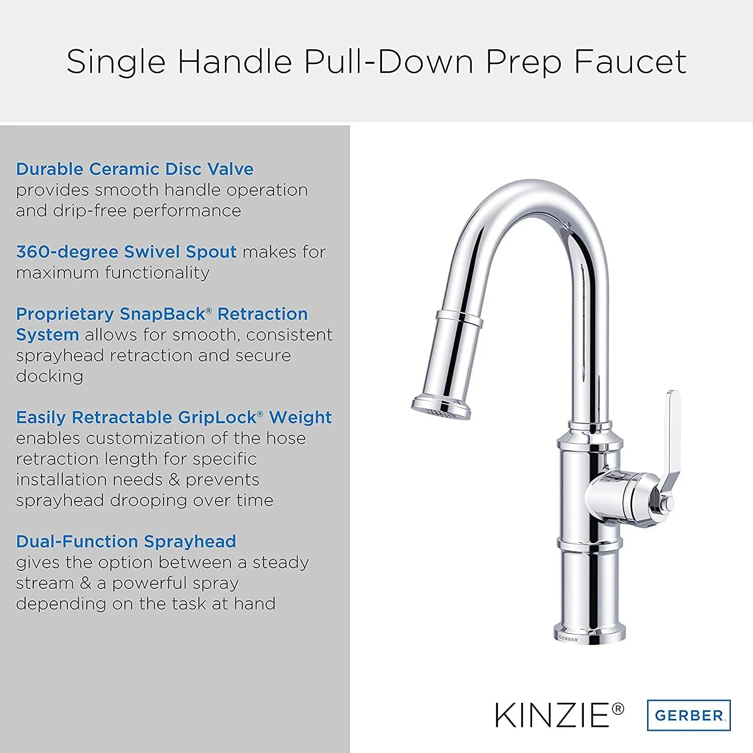 Gerber Kinzie Single Handle Pull Down Sprayer Prep Faucet in Brushed Bronze, D150537BB