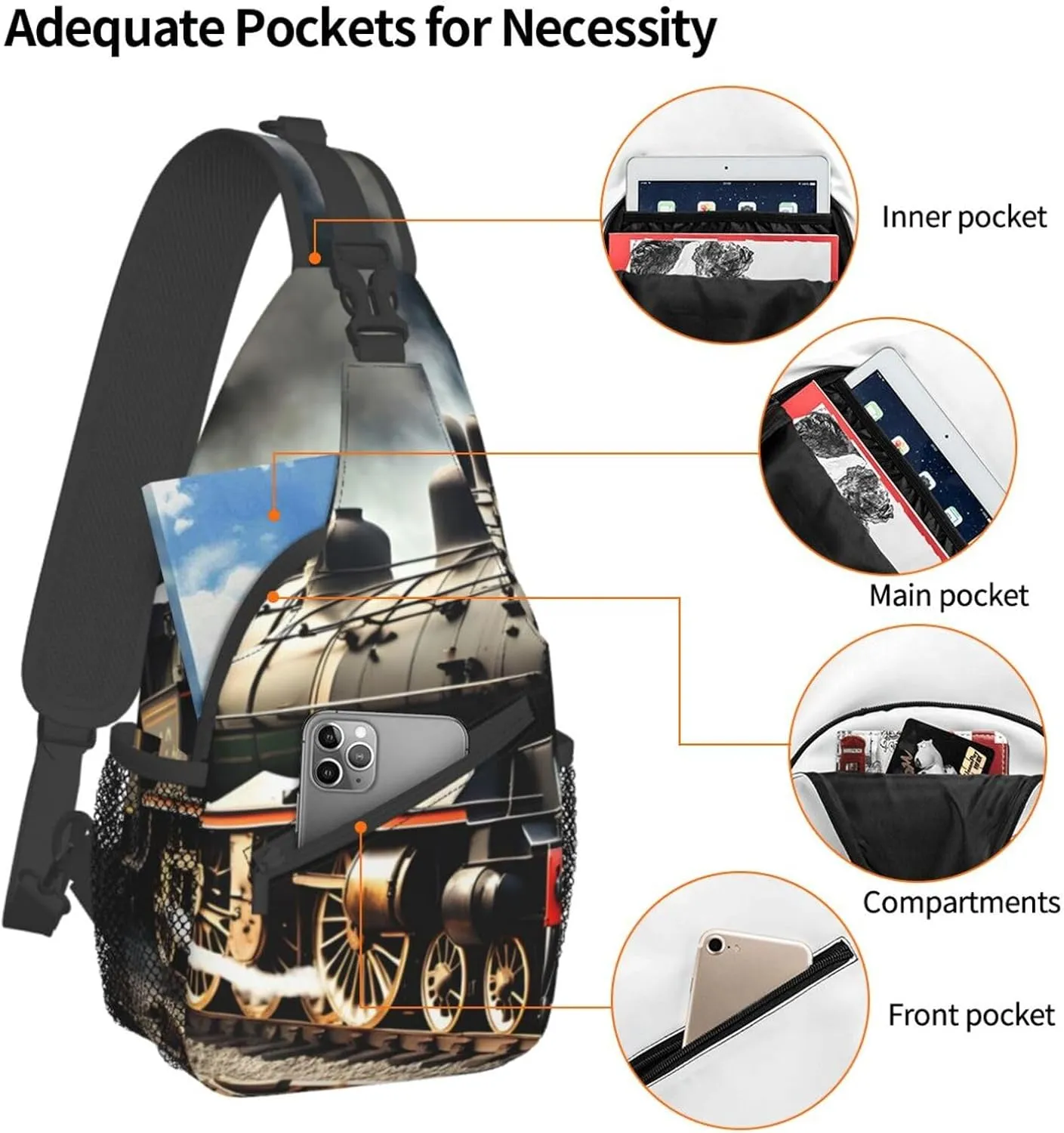 GeRRiT Steam Locomotive Train Print Small Backpack Sling Bag For Women Men, Chest Bag Daypack Crossbody For Travel Sport, SB-122