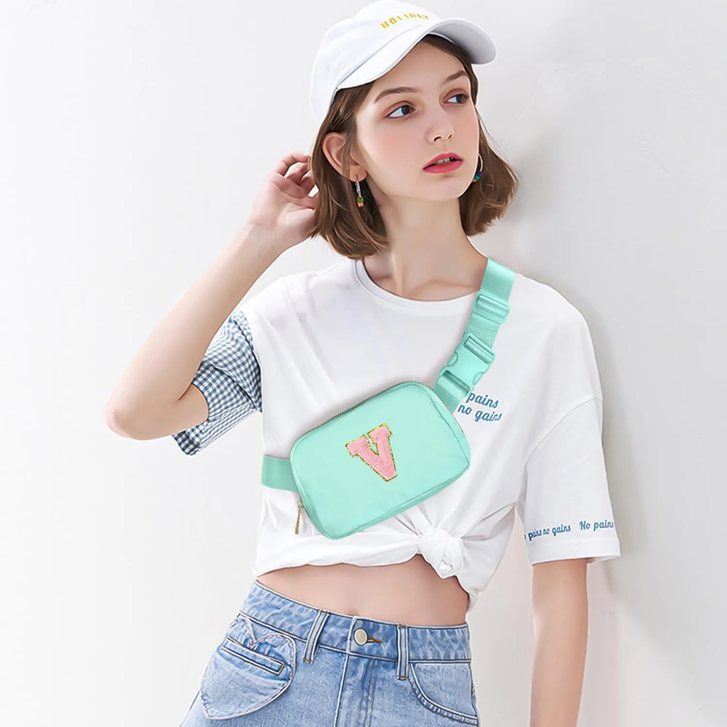Gitus Belt Bag Fanny Pack Crossbody Bags with Initial Letter Patch Cute Stuff Birthday Gifts for Teenager Girls Trendy Preppy Stuff for Teen Girls Cool Stuff for Teens (Mint Green-V)