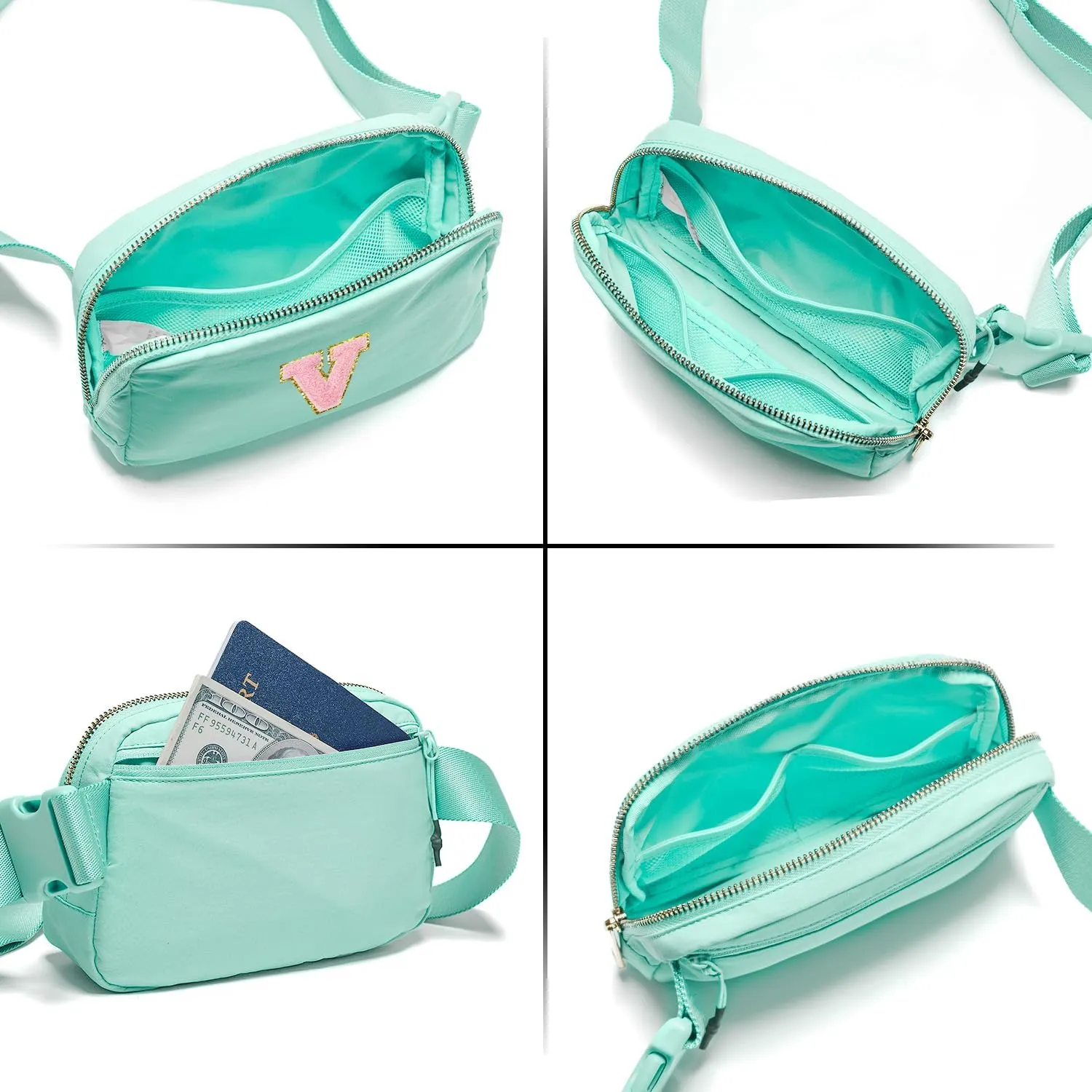 Gitus Belt Bag Fanny Pack Crossbody Bags with Initial Letter Patch Cute Stuff Birthday Gifts for Teenager Girls Trendy Preppy Stuff for Teen Girls Cool Stuff for Teens (Mint Green-V)