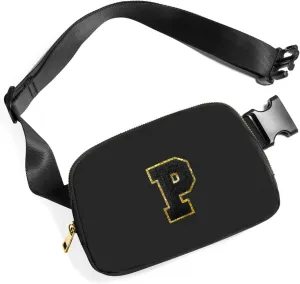 Gitus Belt Bag Fanny Pack Crossbody Bags with Initial Letter Patch Gifts for Wife Older Women Mother Coworker Bridesmaid Anniversary Travel Gifts Beach Gifts (Black-P)