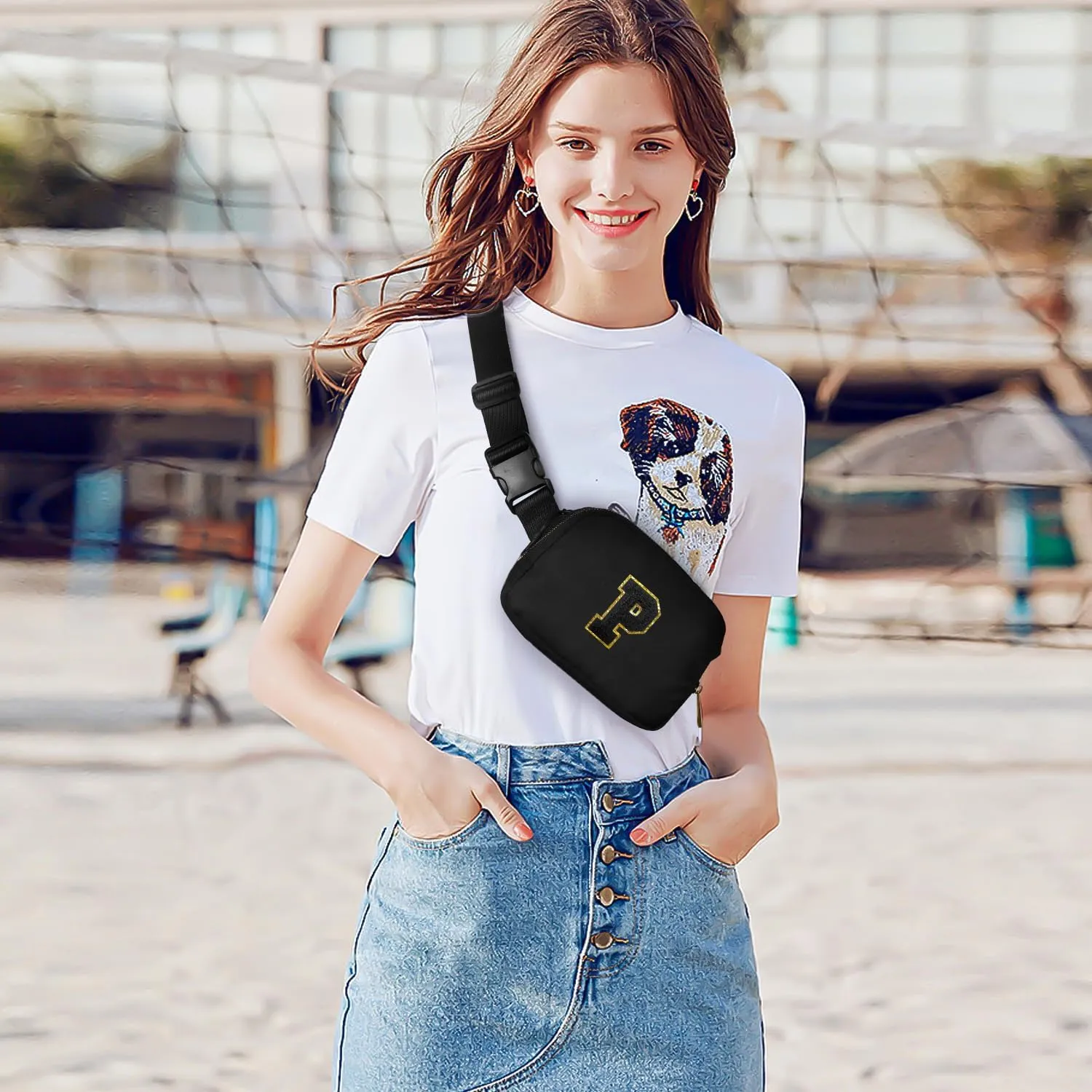 Gitus Belt Bag Fanny Pack Crossbody Bags with Initial Letter Patch Gifts for Wife Older Women Mother Coworker Bridesmaid Anniversary Travel Gifts Beach Gifts (Black-P)