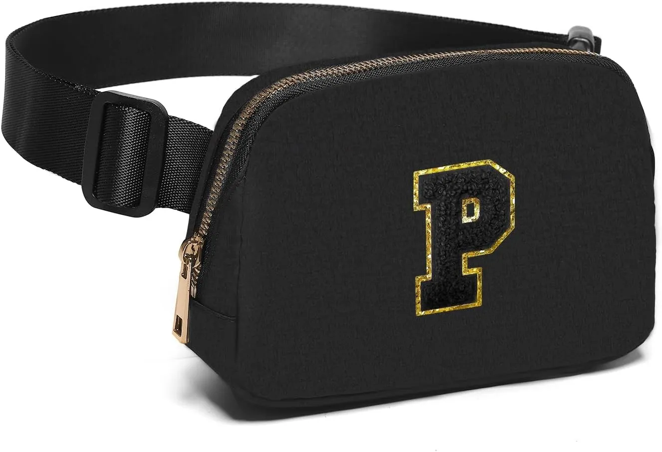 Gitus Belt Bag Fanny Pack Crossbody Bags with Initial Letter Patch Gifts for Wife Older Women Mother Coworker Bridesmaid Anniversary Travel Gifts Beach Gifts (Black-P)