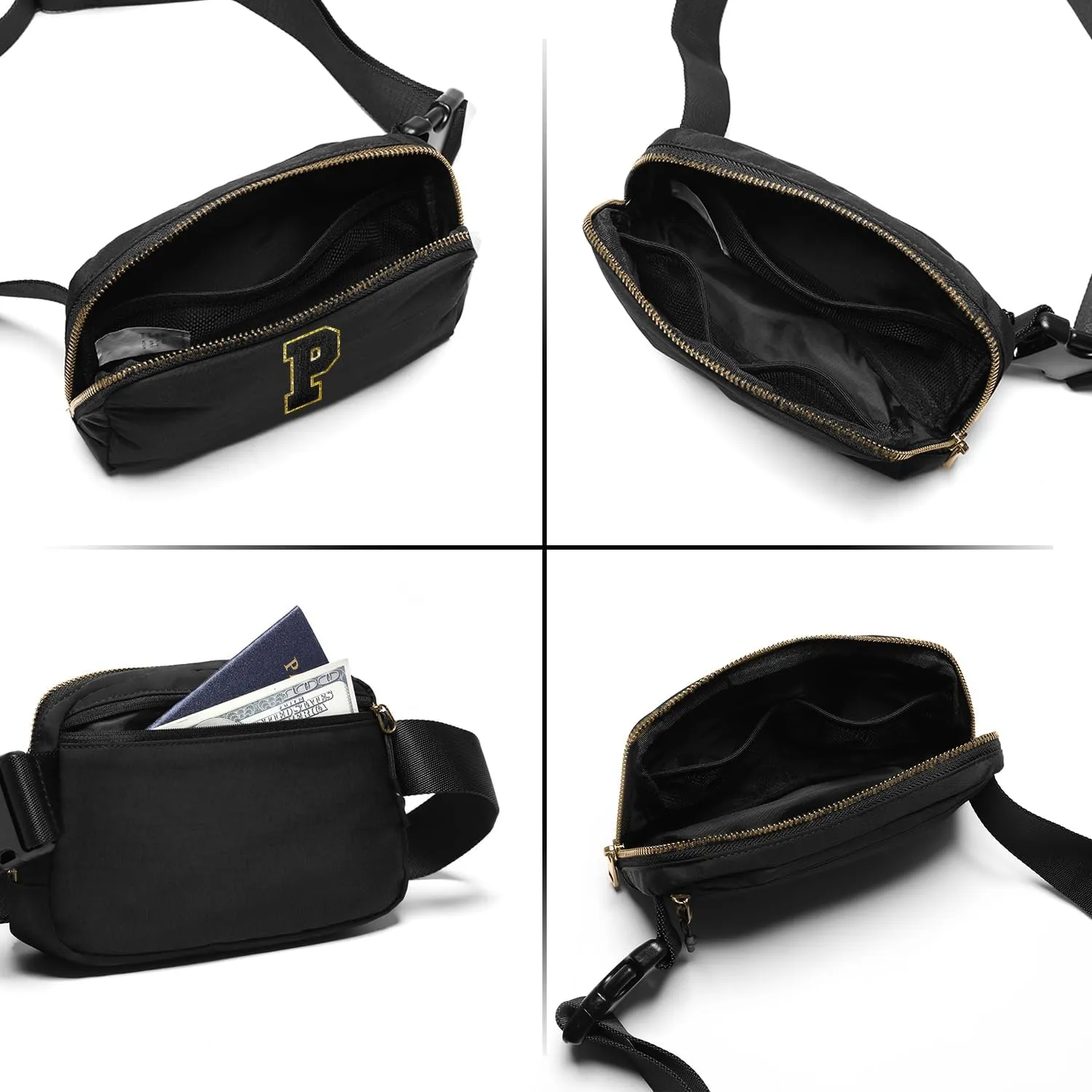 Gitus Belt Bag Fanny Pack Crossbody Bags with Initial Letter Patch Gifts for Wife Older Women Mother Coworker Bridesmaid Anniversary Travel Gifts Beach Gifts (Black-P)