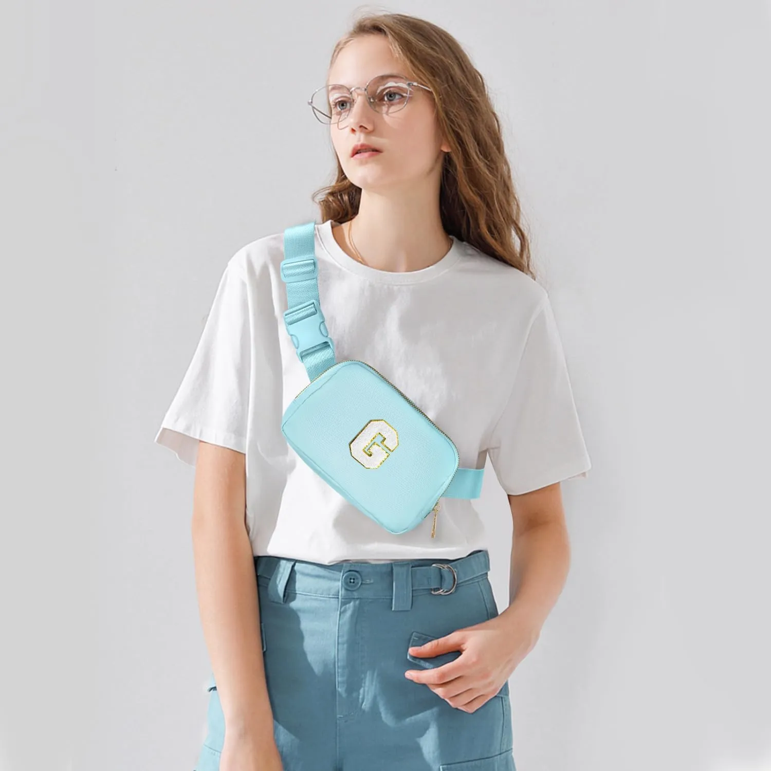 Gitus Birthday Gifts for 8 9 10 11 12 13 Year Old Girls Personalized Fanny Pack Crossbody Bags with Initial Letter Patch Belt Bag for Teen Girls Cute Trendy Stuff Travel Essentials (Icingblue-G)