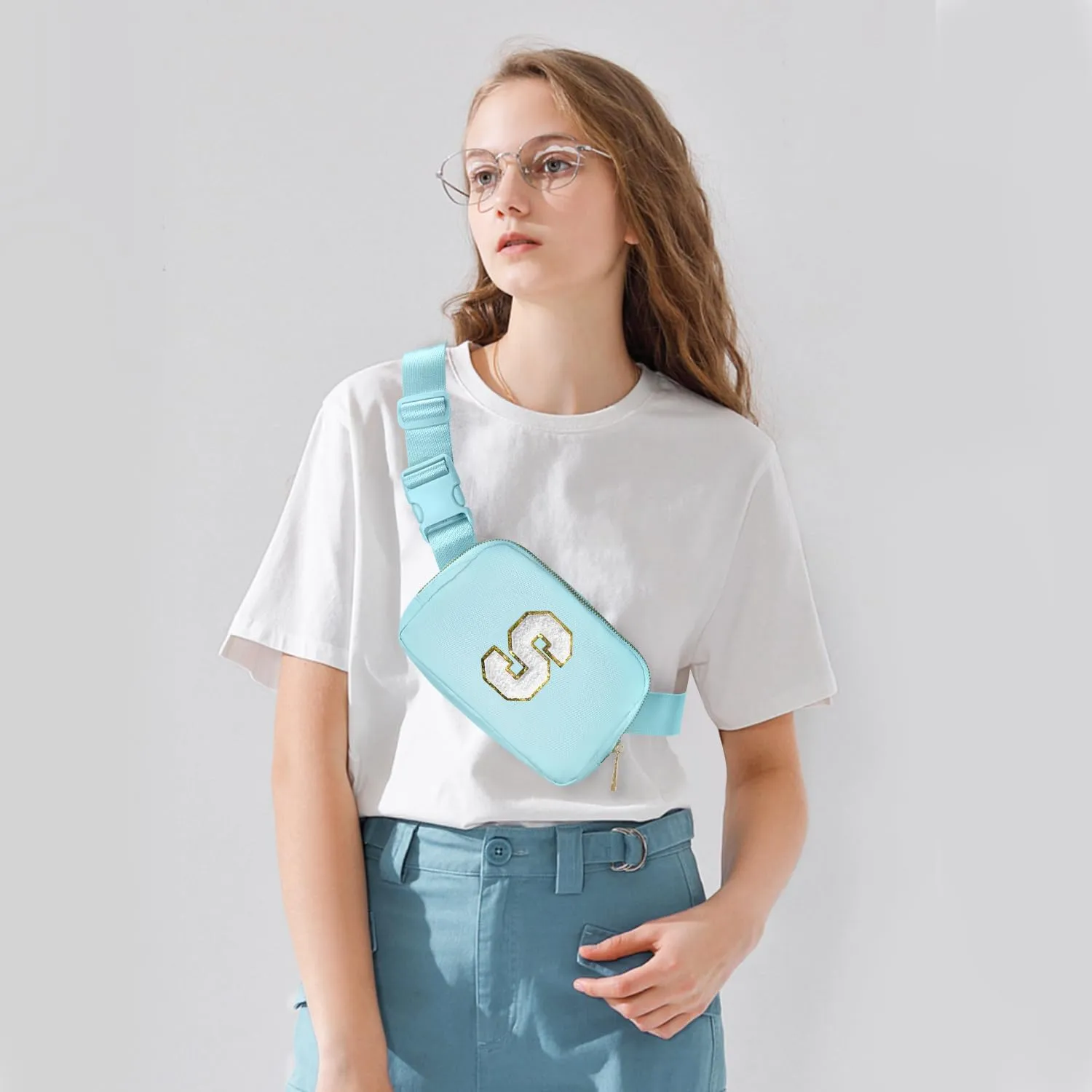 Gitus Birthday Gifts for 8 9 10 11 12 13 Year Old Girls Personalized Fanny Pack Crossbody Bags with Initial Letter Patch Belt Bag for Teen Girls Cute Trendy Stuff Travel Essentials (Icingblue-S)
