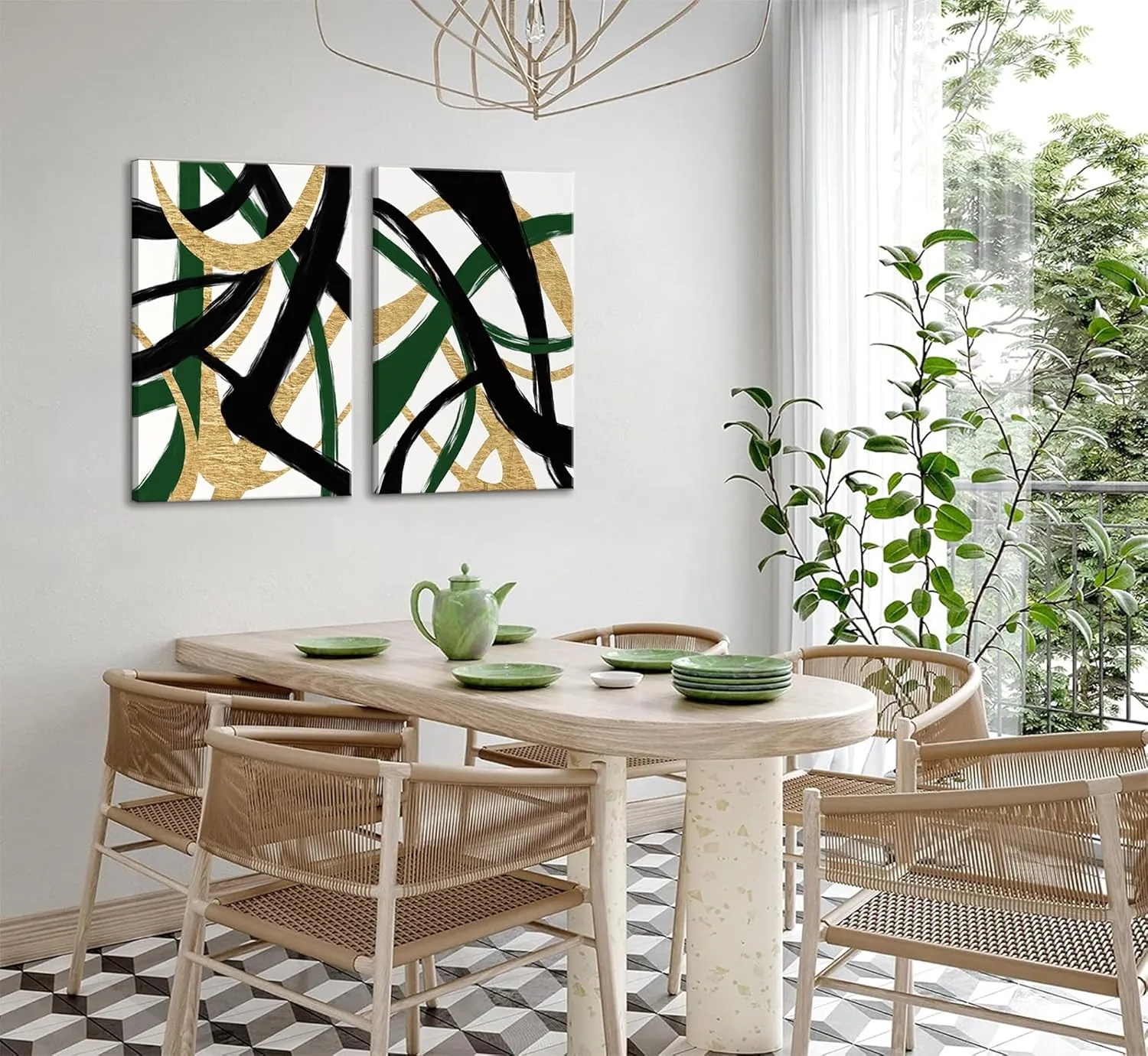 GKQNMU 2pcs Abstract Stripe Canvas Wall Art Modern Minimalist Geometry Wall Decoration Pictures Green Gold And Black Prints Posters Paintings for Living Room Bedroom Office Decoration Ready To Hang