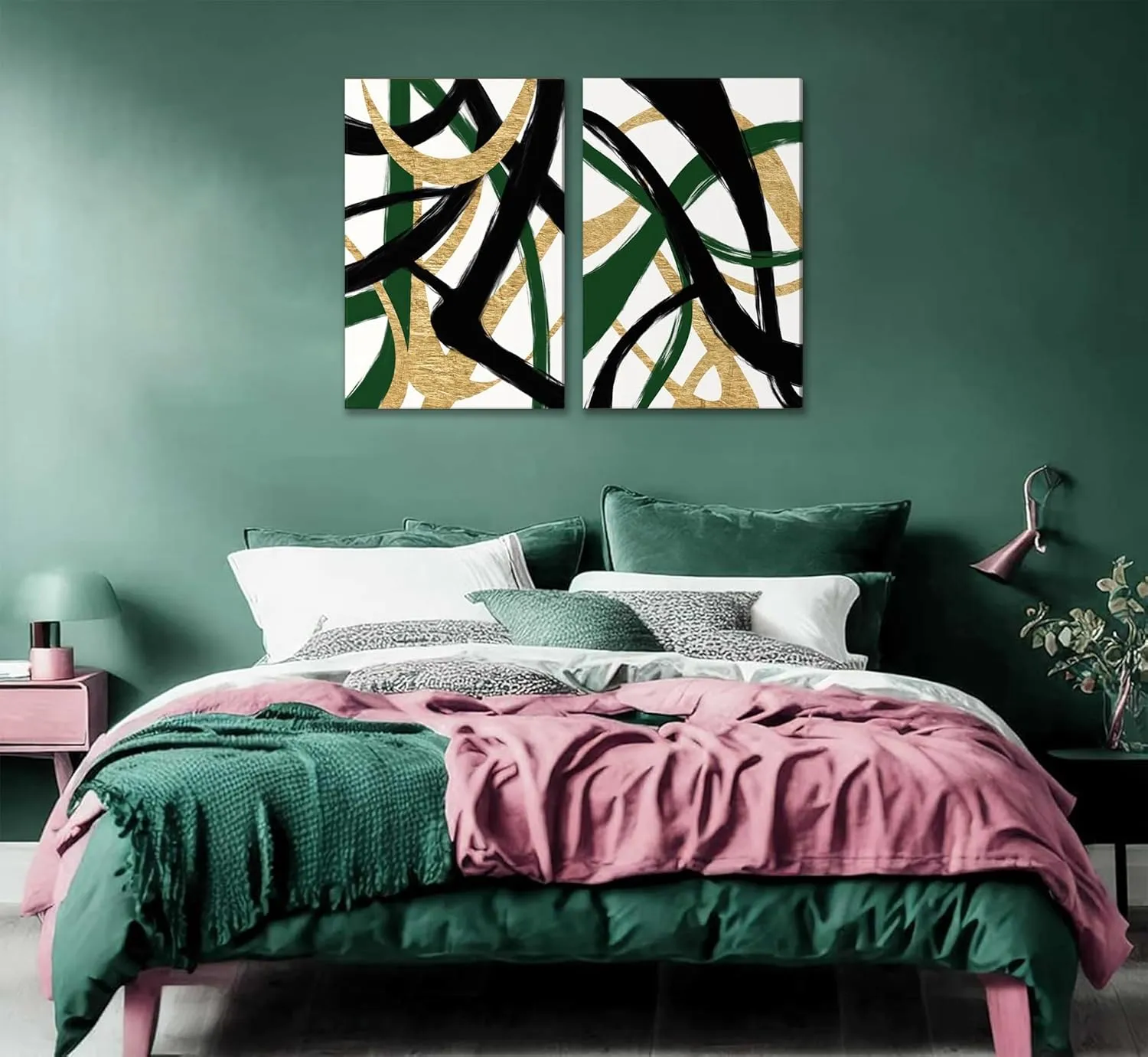 GKQNMU 2pcs Abstract Stripe Canvas Wall Art Modern Minimalist Geometry Wall Decoration Pictures Green Gold And Black Prints Posters Paintings for Living Room Bedroom Office Decoration Ready To Hang