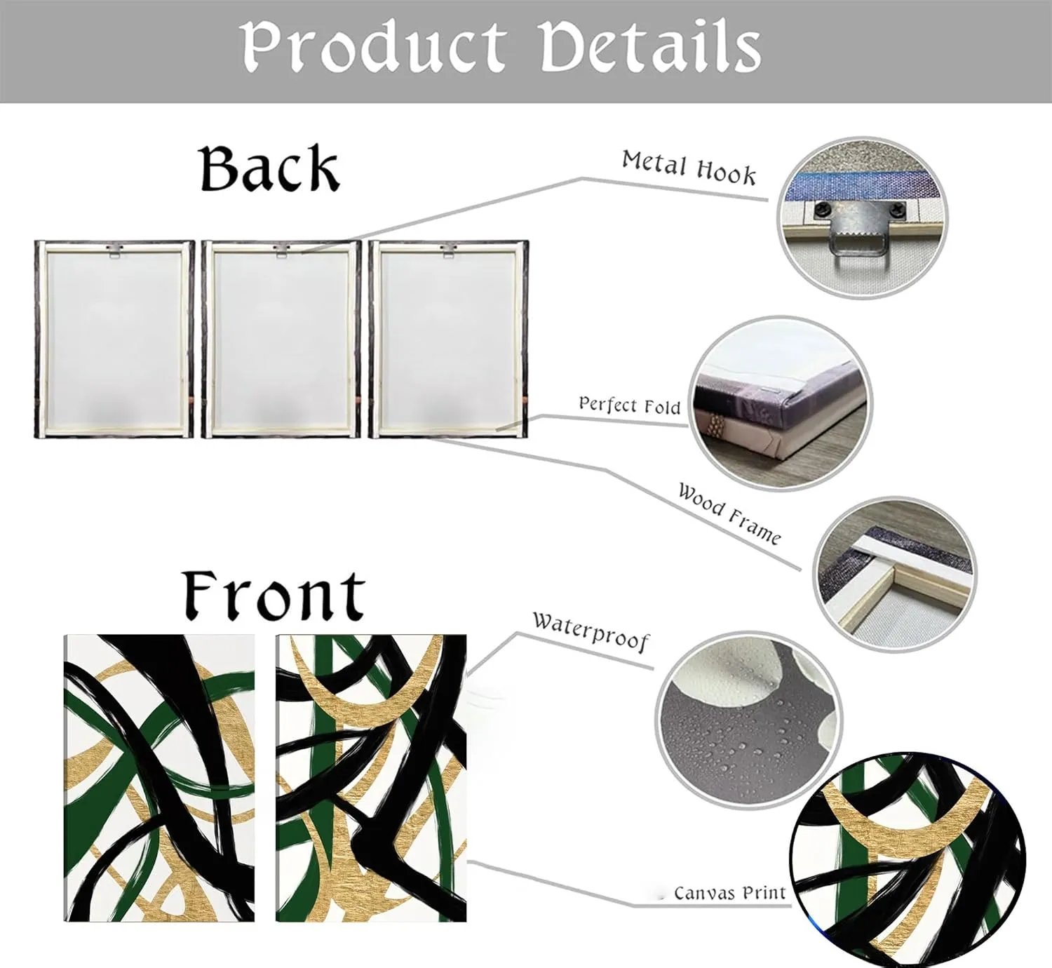 GKQNMU 2pcs Abstract Stripe Canvas Wall Art Modern Minimalist Geometry Wall Decoration Pictures Green Gold And Black Prints Posters Paintings for Living Room Bedroom Office Decoration Ready To Hang