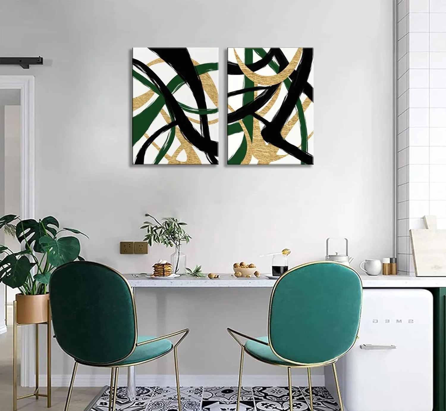 GKQNMU 2pcs Abstract Stripe Canvas Wall Art Modern Minimalist Geometry Wall Decoration Pictures Green Gold And Black Prints Posters Paintings for Living Room Bedroom Office Decoration Ready To Hang