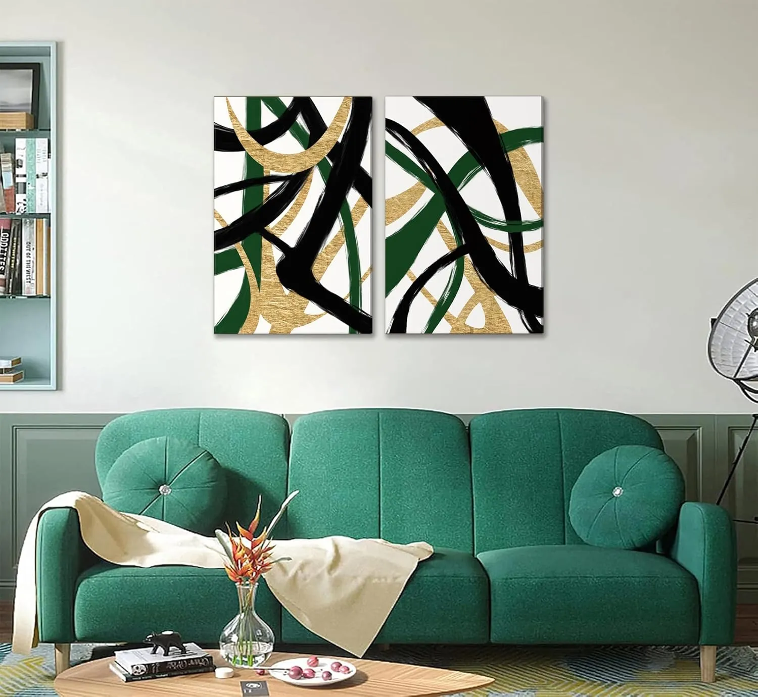 GKQNMU 2pcs Abstract Stripe Canvas Wall Art Modern Minimalist Geometry Wall Decoration Pictures Green Gold And Black Prints Posters Paintings for Living Room Bedroom Office Decoration Ready To Hang