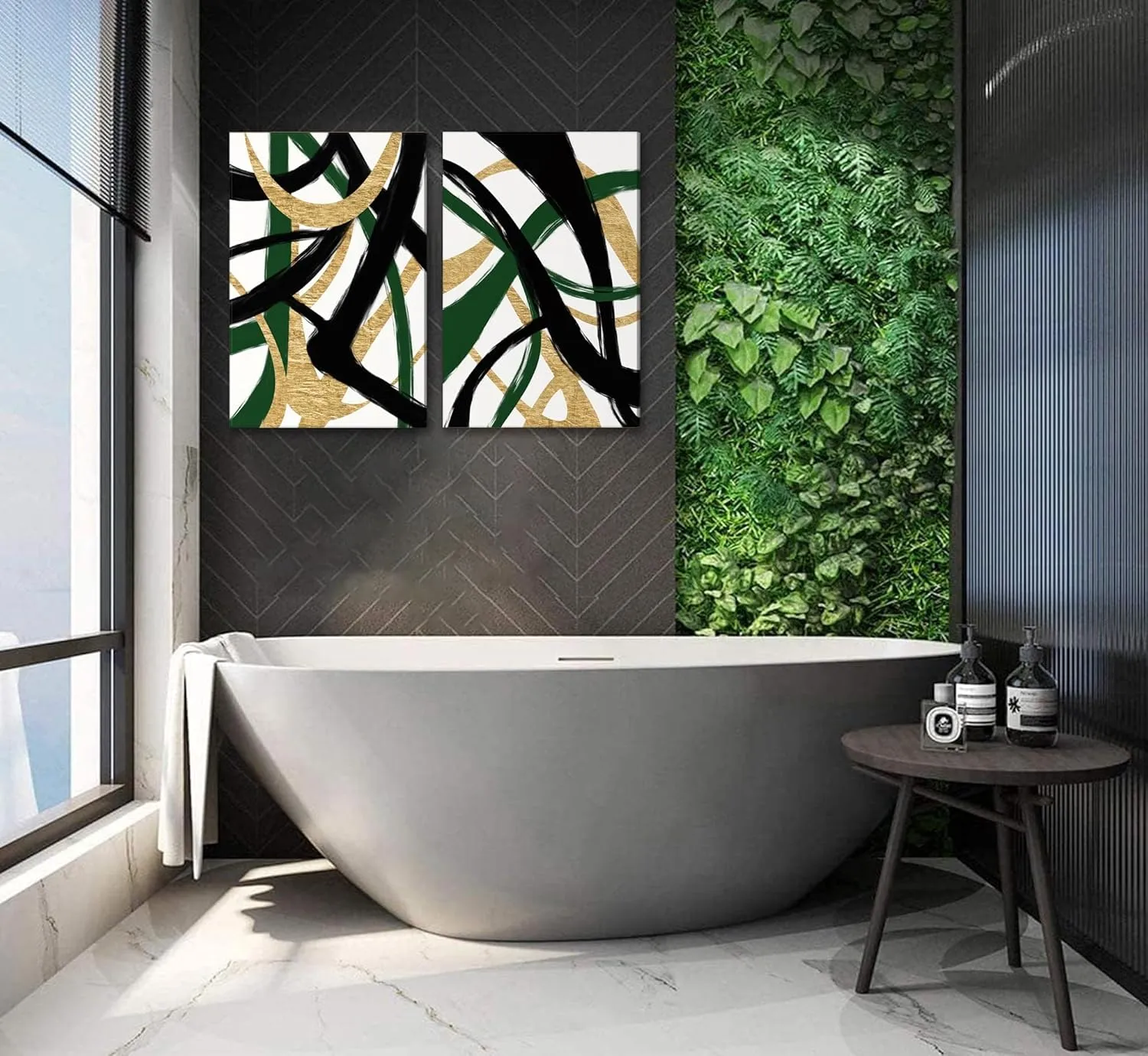 GKQNMU 2pcs Abstract Stripe Canvas Wall Art Modern Minimalist Geometry Wall Decoration Pictures Green Gold And Black Prints Posters Paintings for Living Room Bedroom Office Decoration Ready To Hang