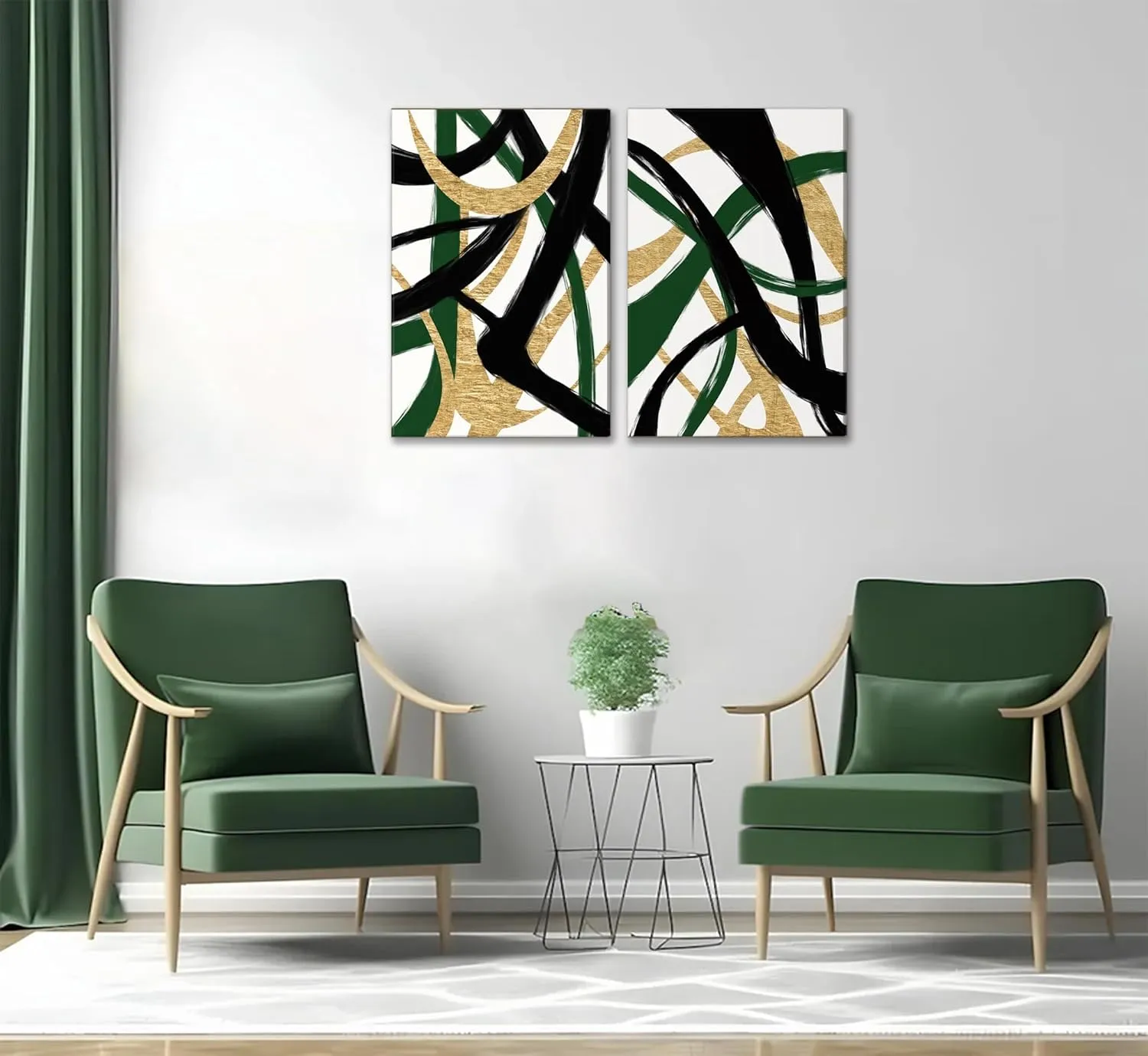GKQNMU 2pcs Abstract Stripe Canvas Wall Art Modern Minimalist Geometry Wall Decoration Pictures Green Gold And Black Prints Posters Paintings for Living Room Bedroom Office Decoration Ready To Hang