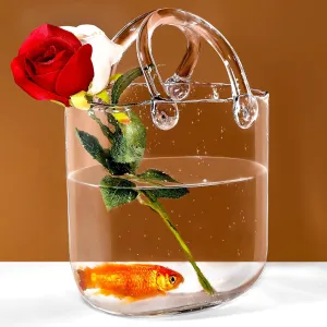 Glass Purse Vase – Handmade Transparent Handbag Flower Vase with Thickened Base & Handle, Elegant Decorative Vase for Home & Office, Gift for Weddings, Mother’s Day & Birthdays