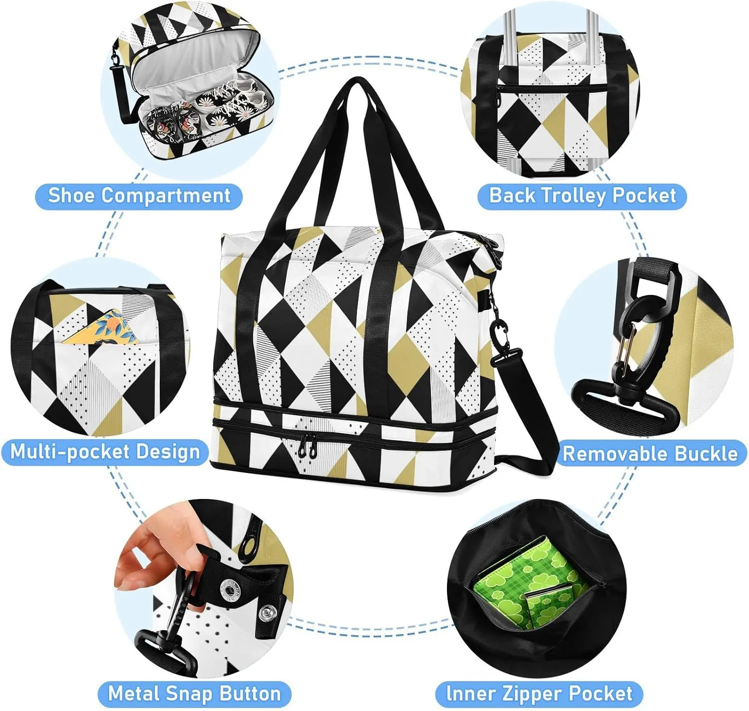 Gold Black and White Triangles, Black Polka Dots Geometric Pattern Gym Duffel Bag, Polyester Travel Weekender Luggage Handbag with Waterproof Pocket for Wet Items, Unisex Foldable Tote for Sports
