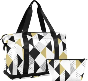 Gold Black and White Triangles, Black Polka Dots Geometric Pattern Gym Duffel Bag, Polyester Travel Weekender Luggage Handbag with Waterproof Pocket for Wet Items, Unisex Foldable Tote for Sports