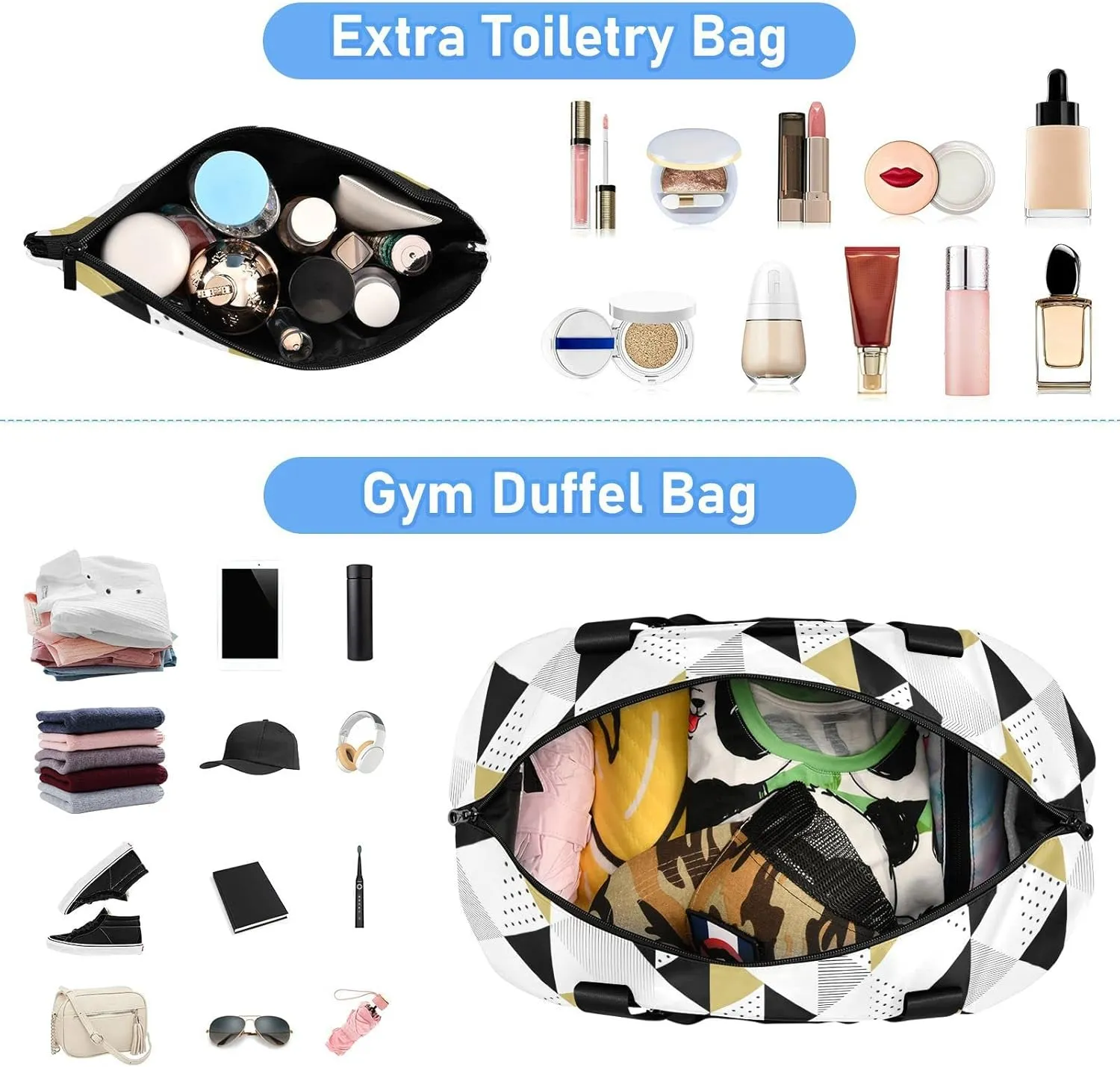 Gold Black and White Triangles, Black Polka Dots Geometric Pattern Gym Duffel Bag, Polyester Travel Weekender Luggage Handbag with Waterproof Pocket for Wet Items, Unisex Foldable Tote for Sports