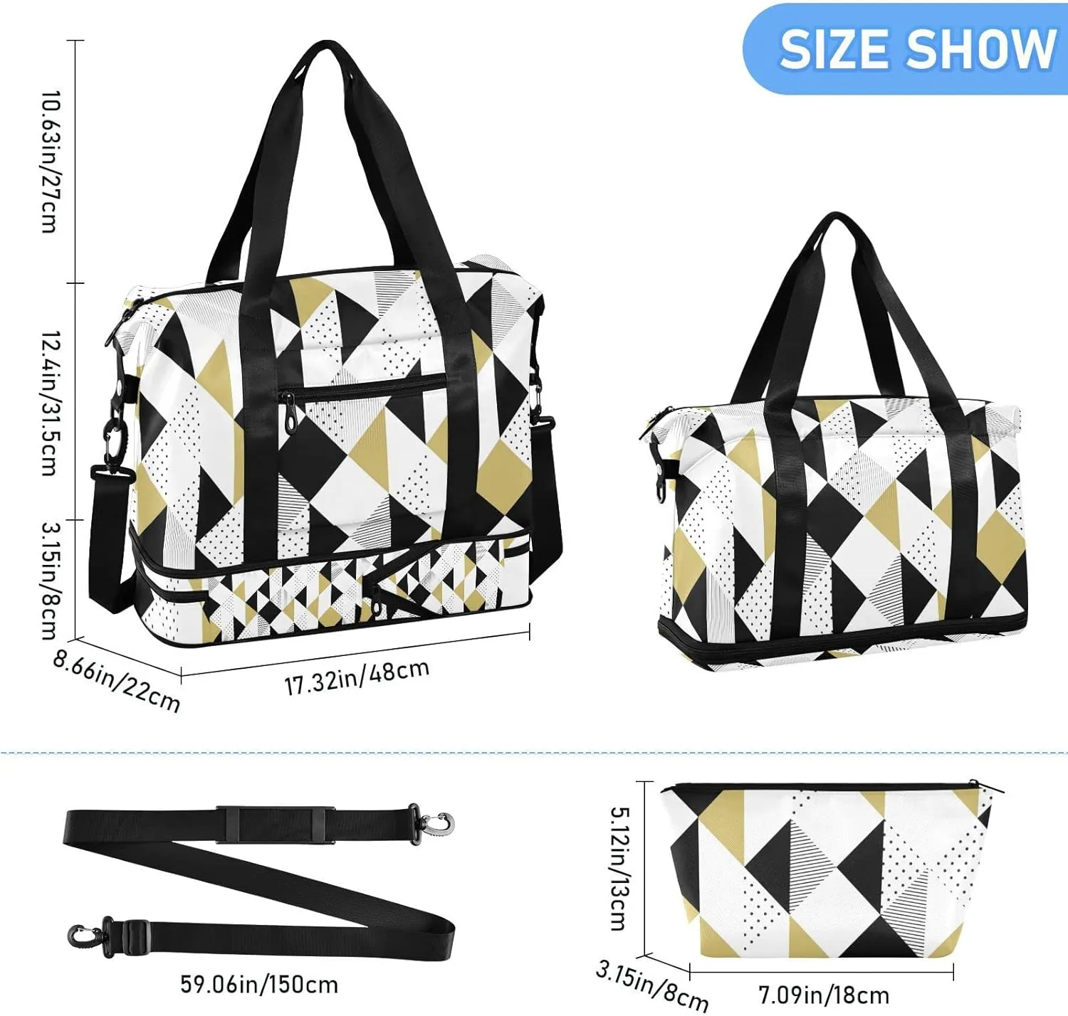 Gold Black and White Triangles, Black Polka Dots Geometric Pattern Gym Duffel Bag, Polyester Travel Weekender Luggage Handbag with Waterproof Pocket for Wet Items, Unisex Foldable Tote for Sports