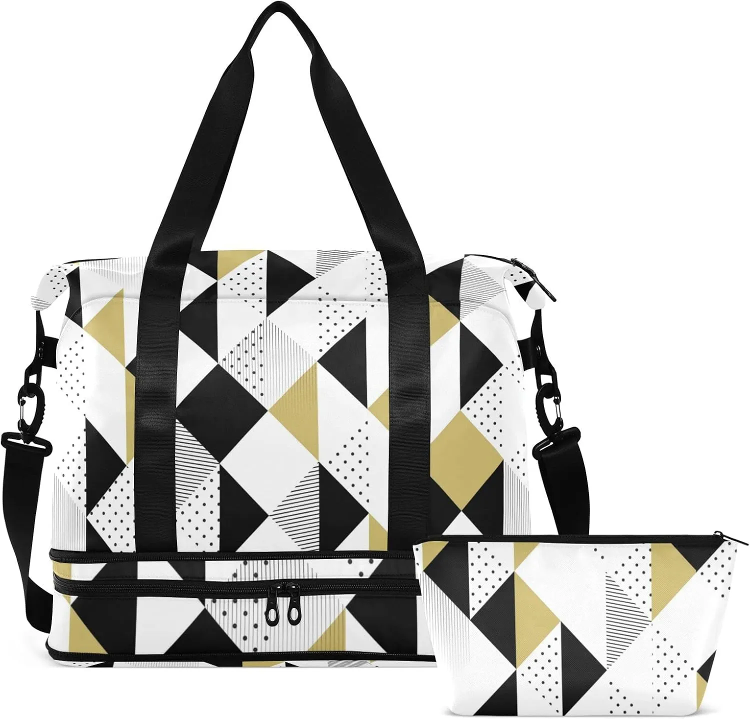 Gold Black and White Triangles, Black Polka Dots Geometric Pattern Gym Duffel Bag, Polyester Travel Weekender Luggage Handbag with Waterproof Pocket for Wet Items, Unisex Foldable Tote for Sports