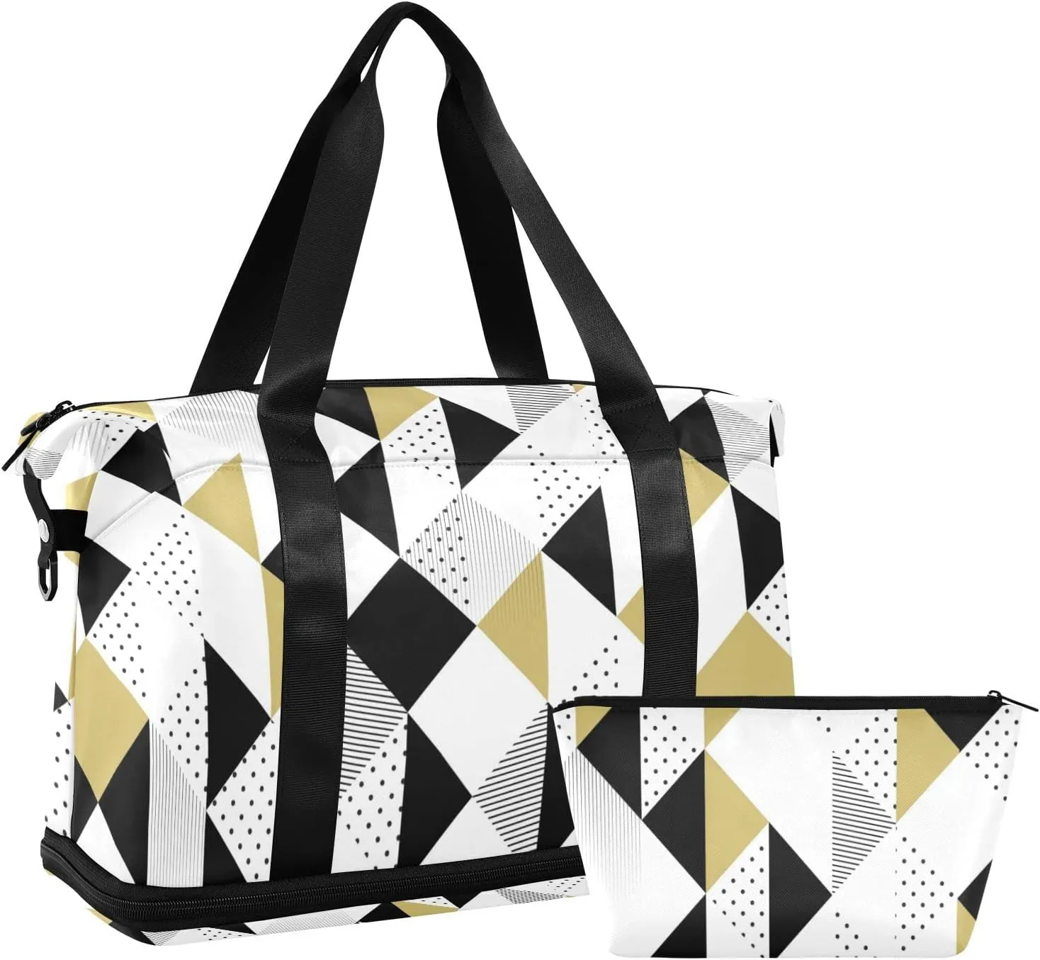 Gold Black and White Triangles, Black Polka Dots Geometric Pattern Gym Duffel Bag, Polyester Travel Weekender Luggage Handbag with Waterproof Pocket for Wet Items, Unisex Foldable Tote for Sports