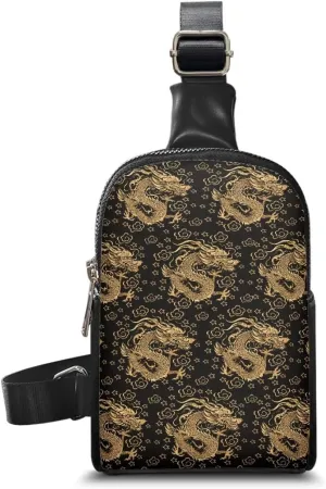 Gold Chinese Dragons Small Crossbody Bag Cell Phone Purse for Women, Traditional Oriental Dragon Pattern Fanny Packs PU Leather Sling Chest Bag for Travel Work