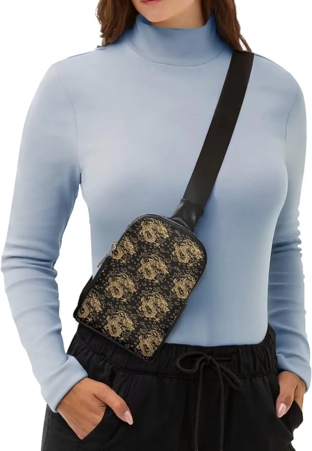 Gold Chinese Dragons Small Crossbody Bag Cell Phone Purse for Women, Traditional Oriental Dragon Pattern Fanny Packs PU Leather Sling Chest Bag for Travel Work