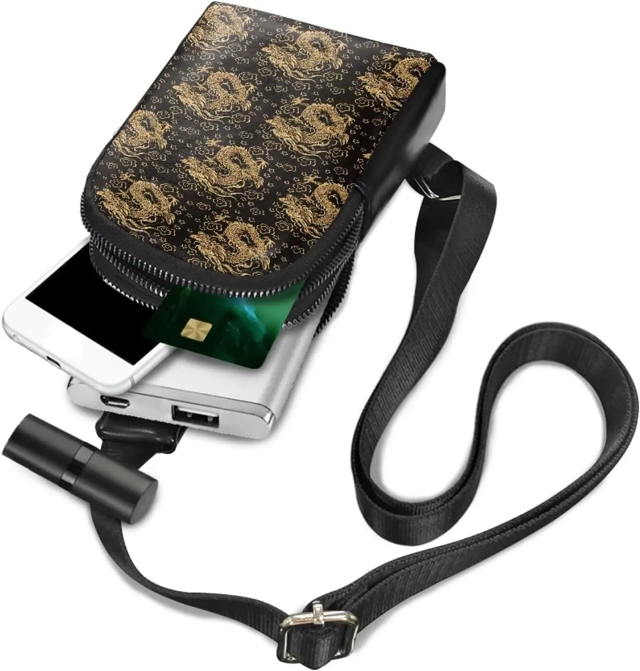 Gold Chinese Dragons Small Crossbody Bag Cell Phone Purse for Women, Traditional Oriental Dragon Pattern Fanny Packs PU Leather Sling Chest Bag for Travel Work