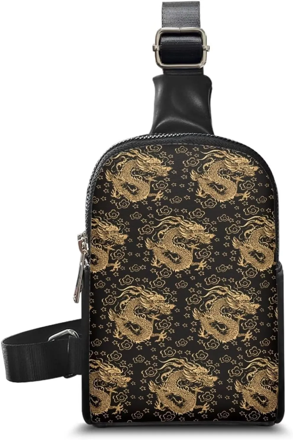 Gold Chinese Dragons Small Crossbody Bag Cell Phone Purse for Women, Traditional Oriental Dragon Pattern Fanny Packs PU Leather Sling Chest Bag for Travel Work