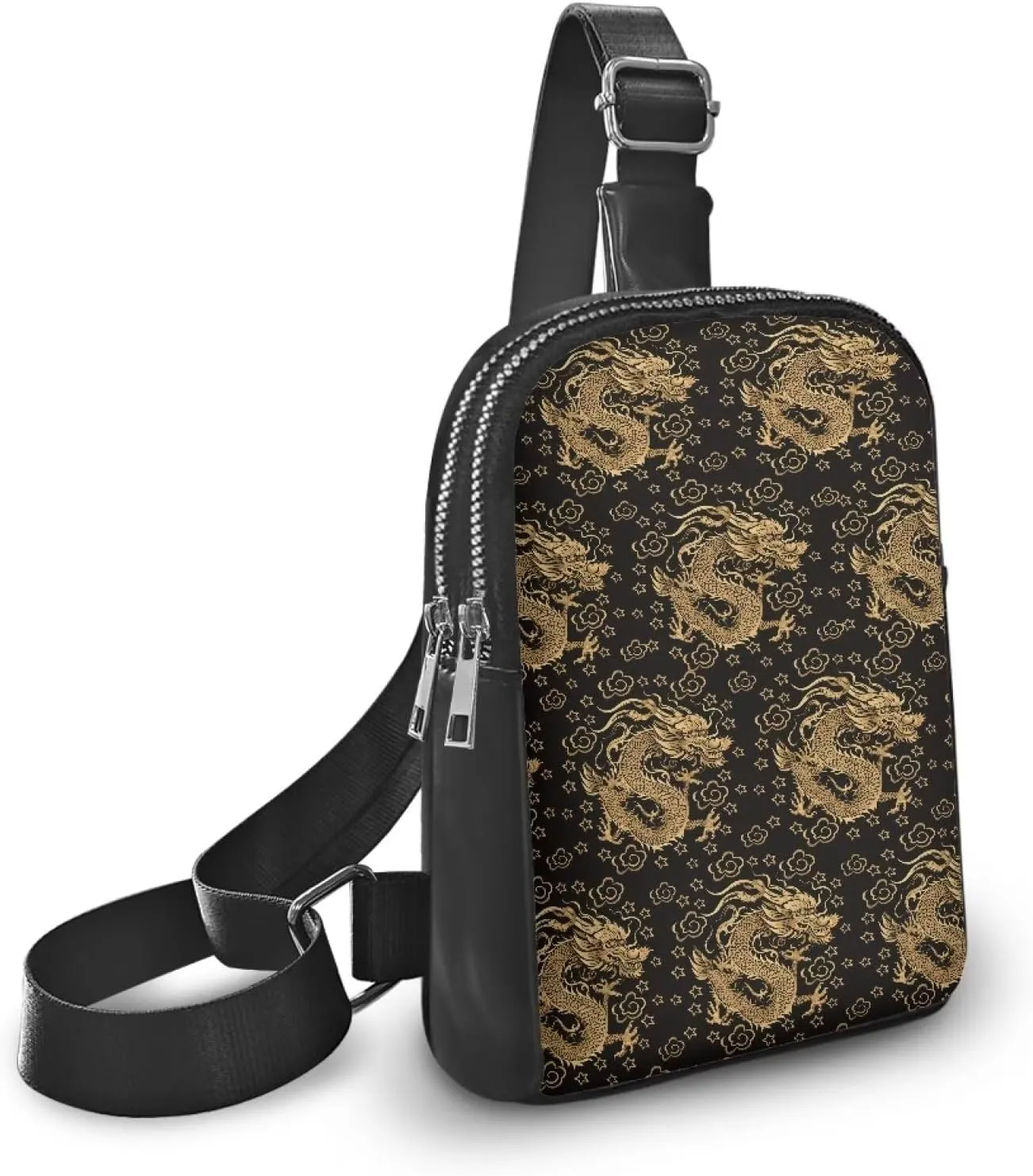 Gold Chinese Dragons Small Crossbody Bag Cell Phone Purse for Women, Traditional Oriental Dragon Pattern Fanny Packs PU Leather Sling Chest Bag for Travel Work