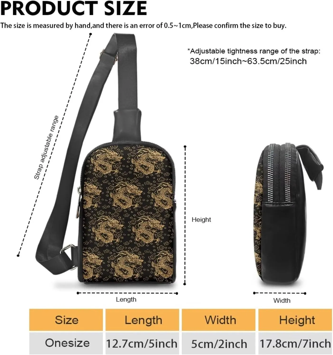 Gold Chinese Dragons Small Crossbody Bag Cell Phone Purse for Women, Traditional Oriental Dragon Pattern Fanny Packs PU Leather Sling Chest Bag for Travel Work