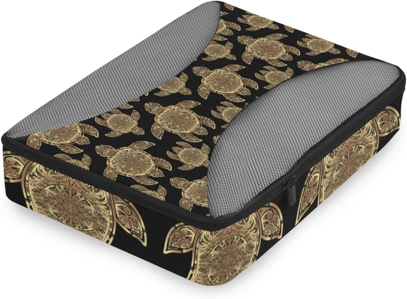 Gold Sea Turtle in Indigenous Tribal Polynesian Maori Tattoo on Dark 4 PCs Set Packing Bags, Luggage Organizer Bag, Portable Cube Toiletry bag, Durable Travel Cosmetic Storage Bag for Men Women