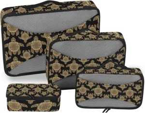 Gold Sea Turtle in Indigenous Tribal Polynesian Maori Tattoo on Dark 4 PCs Set Packing Bags, Luggage Organizer Bag, Portable Cube Toiletry bag, Durable Travel Cosmetic Storage Bag for Men Women