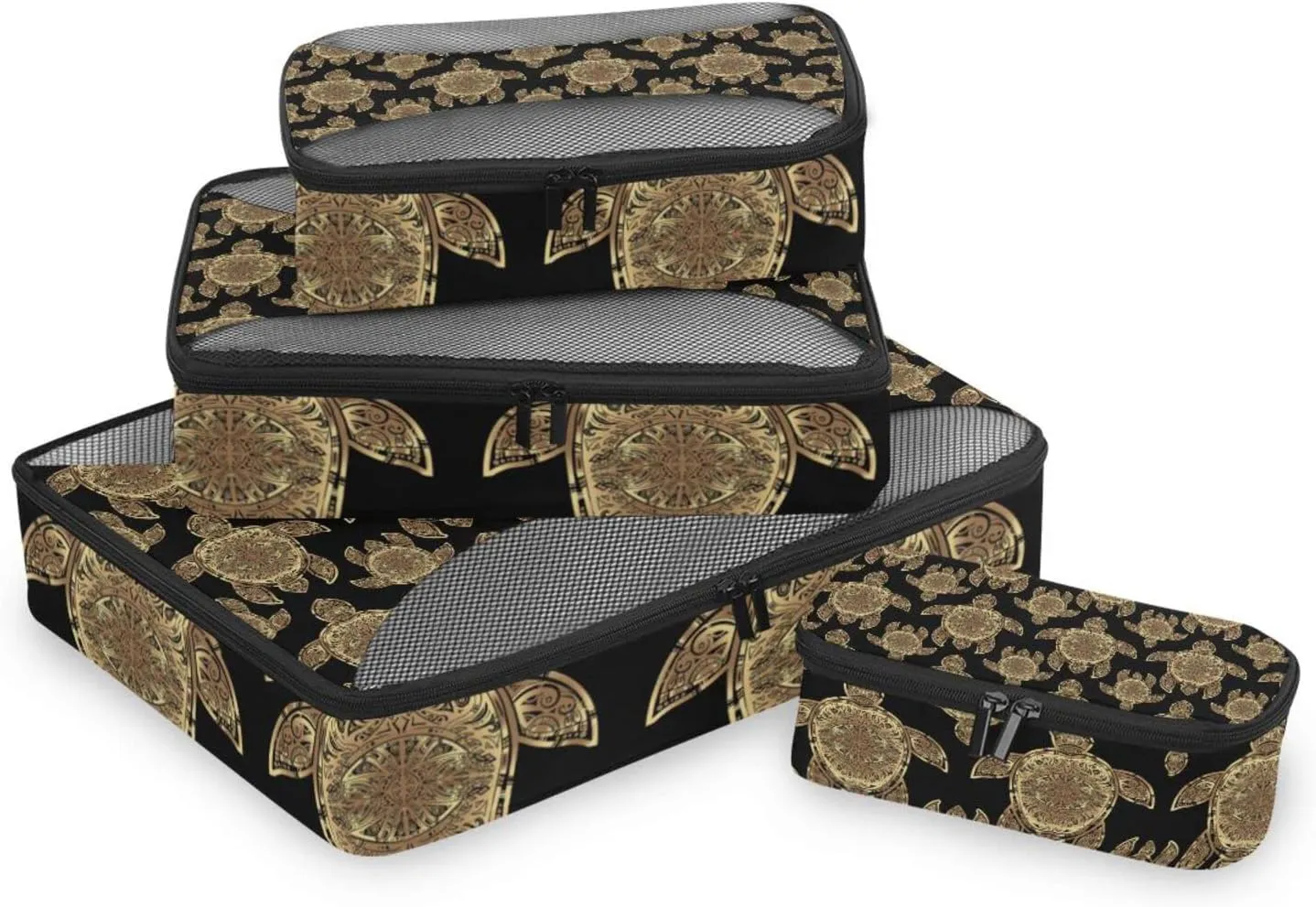 Gold Sea Turtle in Indigenous Tribal Polynesian Maori Tattoo on Dark 4 PCs Set Packing Bags, Luggage Organizer Bag, Portable Cube Toiletry bag, Durable Travel Cosmetic Storage Bag for Men Women