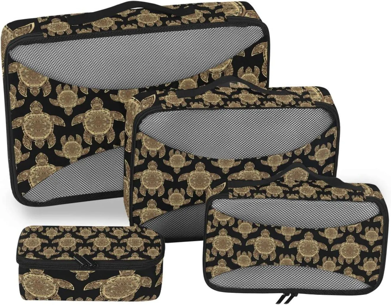Gold Sea Turtle in Indigenous Tribal Polynesian Maori Tattoo on Dark 4 PCs Set Packing Bags, Luggage Organizer Bag, Portable Cube Toiletry bag, Durable Travel Cosmetic Storage Bag for Men Women