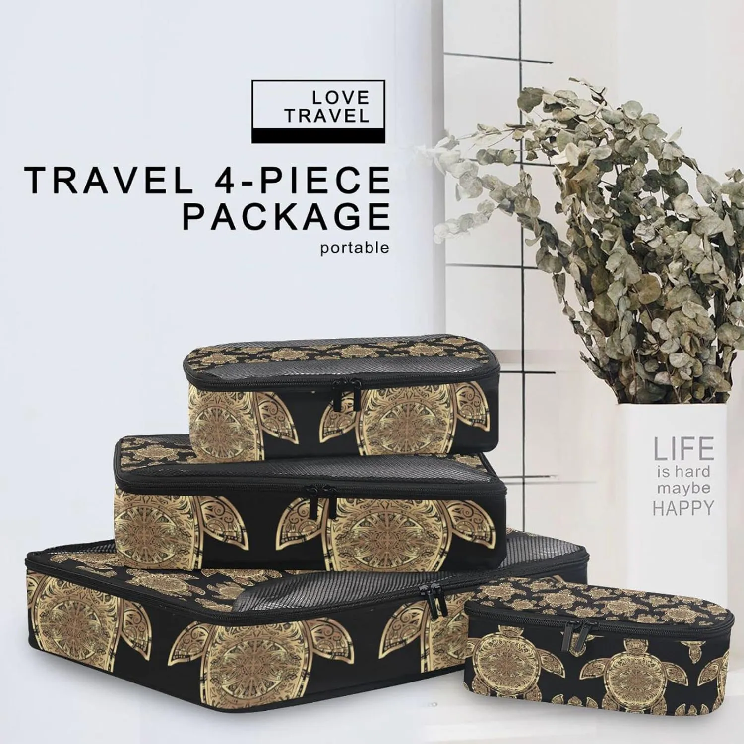 Gold Sea Turtle in Indigenous Tribal Polynesian Maori Tattoo on Dark 4 PCs Set Packing Bags, Luggage Organizer Bag, Portable Cube Toiletry bag, Durable Travel Cosmetic Storage Bag for Men Women