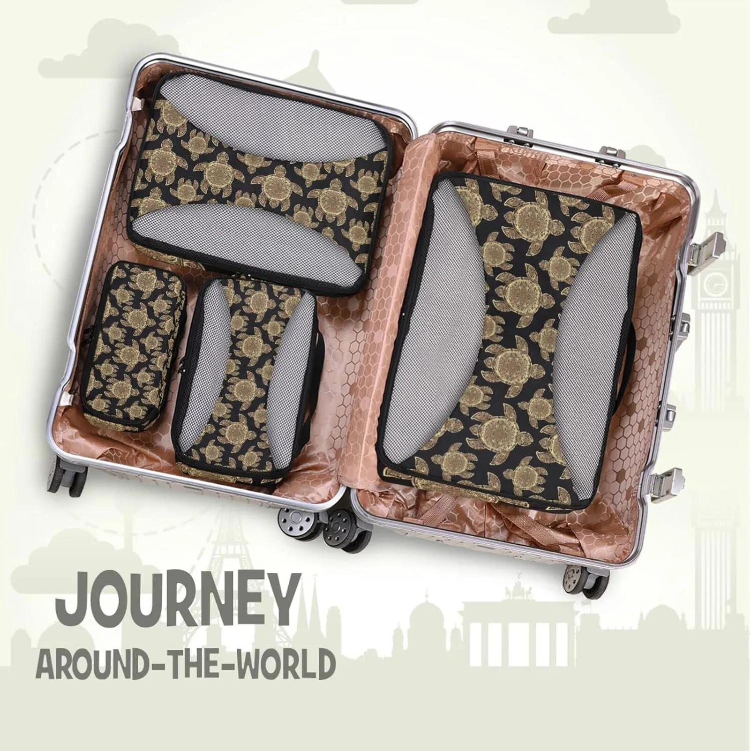 Gold Sea Turtle in Indigenous Tribal Polynesian Maori Tattoo on Dark 4 PCs Set Packing Bags, Luggage Organizer Bag, Portable Cube Toiletry bag, Durable Travel Cosmetic Storage Bag for Men Women