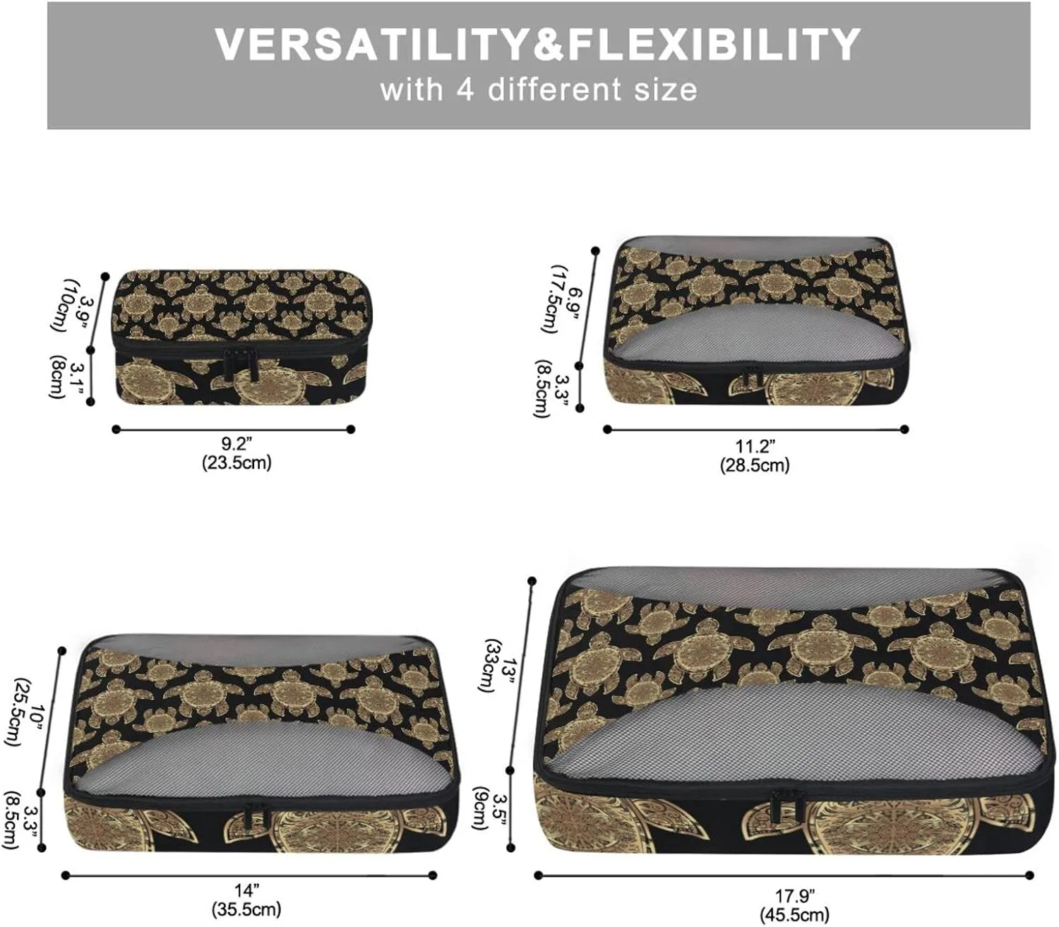 Gold Sea Turtle in Indigenous Tribal Polynesian Maori Tattoo on Dark 4 PCs Set Packing Bags, Luggage Organizer Bag, Portable Cube Toiletry bag, Durable Travel Cosmetic Storage Bag for Men Women