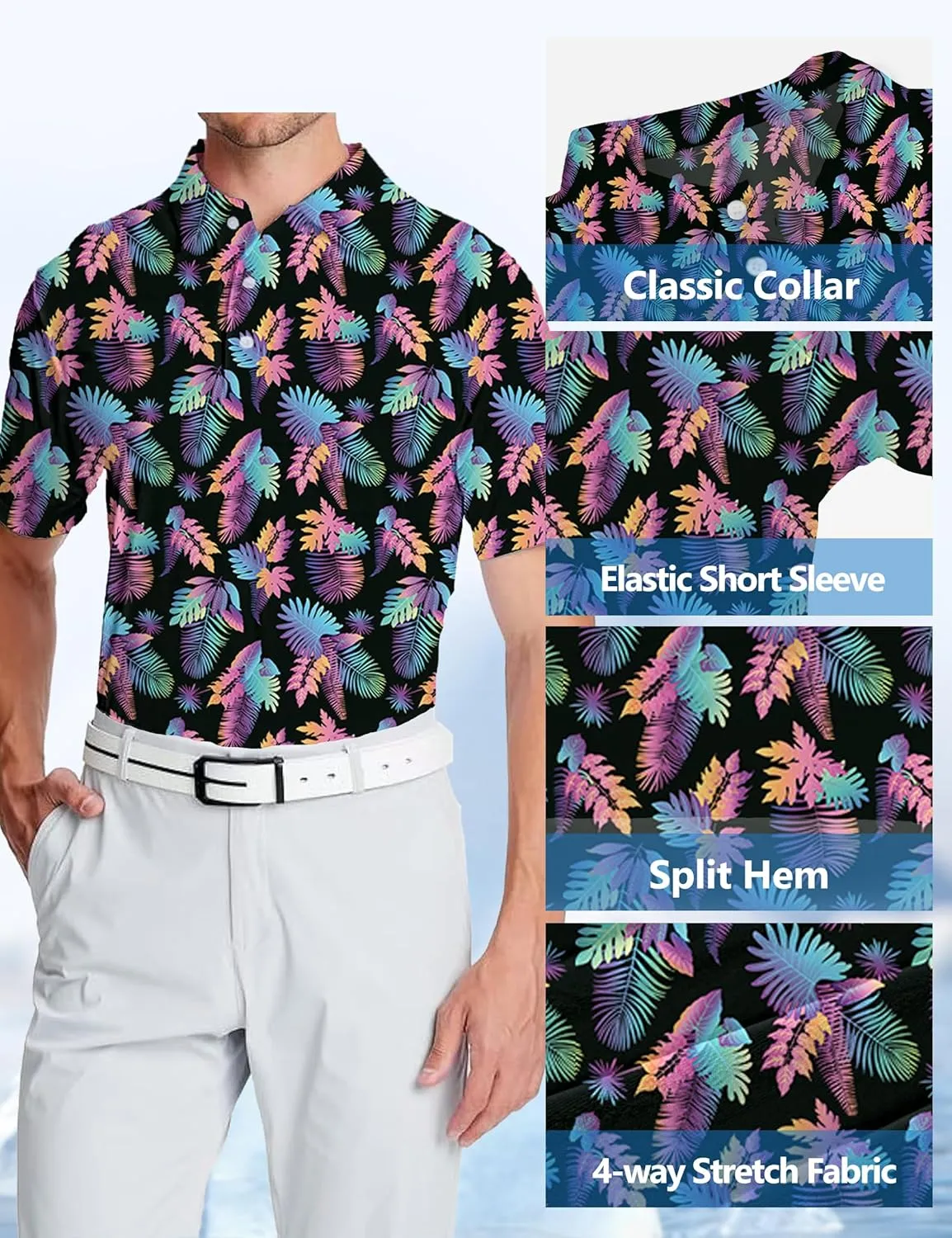 Golf Shirts for Men Printed Performance Moisture Wicking Short Sleeve Dry Fit Polo Shirts