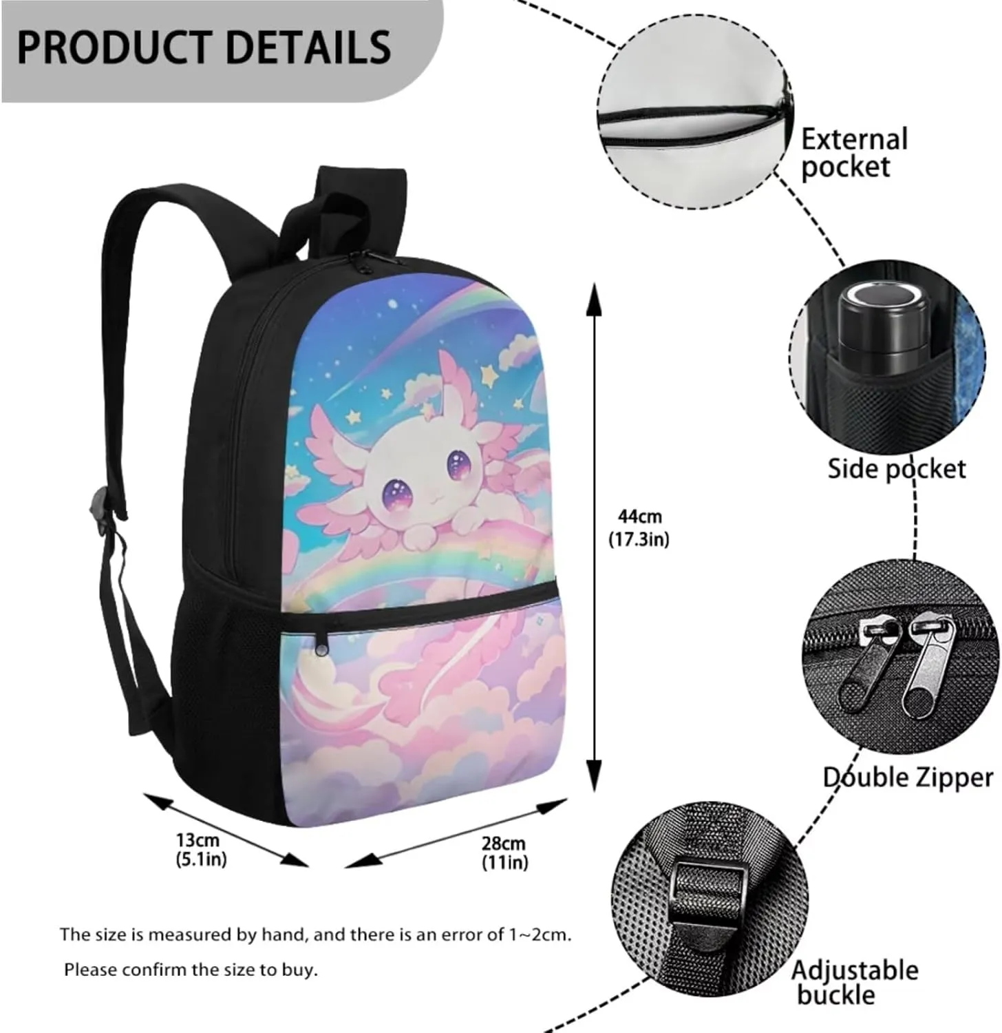Gomyblomy Cute Girls Axolotl Backpack with Lunch Box 4 in1 Set Kids School Bag with Lunch Bag Pencil Case Water Bottle Holder for Elementary Kindergarten Kawaii Girls Bookbag Ages 6-8