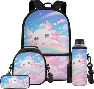 Gomyblomy Cute Girls Axolotl Backpack with Lunch Box 4 in1 Set Kids School Bag with Lunch Bag Pencil Case Water Bottle Holder for Elementary Kindergarten Kawaii Girls Bookbag Ages 6-8