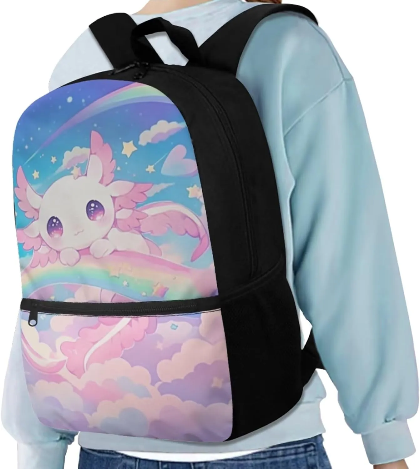 Gomyblomy Cute Girls Axolotl Backpack with Lunch Box 4 in1 Set Kids School Bag with Lunch Bag Pencil Case Water Bottle Holder for Elementary Kindergarten Kawaii Girls Bookbag Ages 6-8